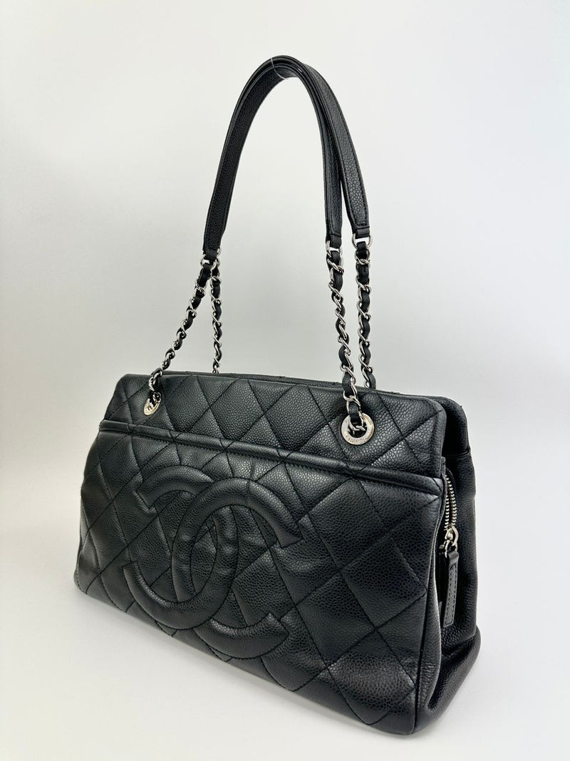Quilted Caviar Leather Timeless CC Soft Shopping Tote in Black SHW