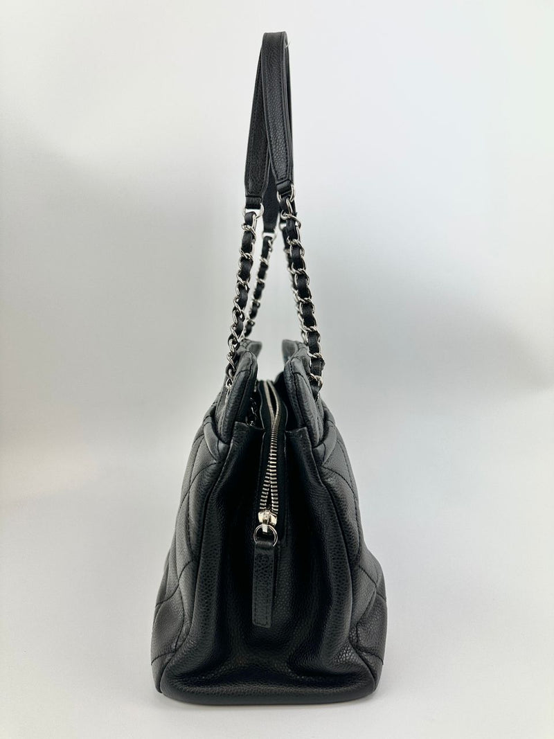 Quilted Caviar Leather Timeless CC Soft Shopping Tote in Black SHW