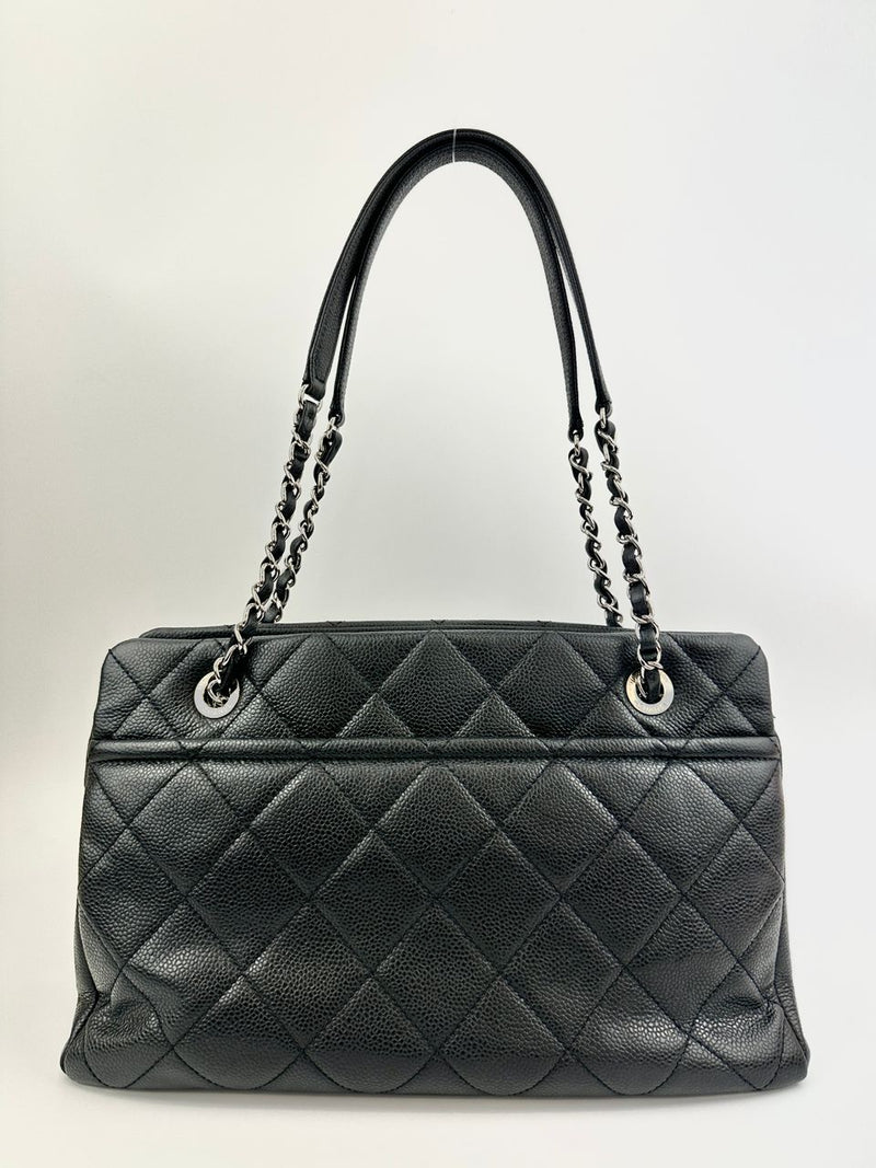 Quilted Caviar Leather Timeless CC Soft Shopping Tote in Black SHW