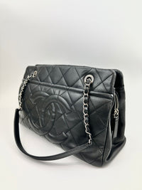 Quilted Caviar Leather Timeless CC Soft Shopping Tote in Black SHW