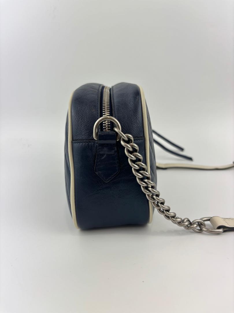 Small Torchon Marmont Blue Diagonal Quilted Leather Camera Bag