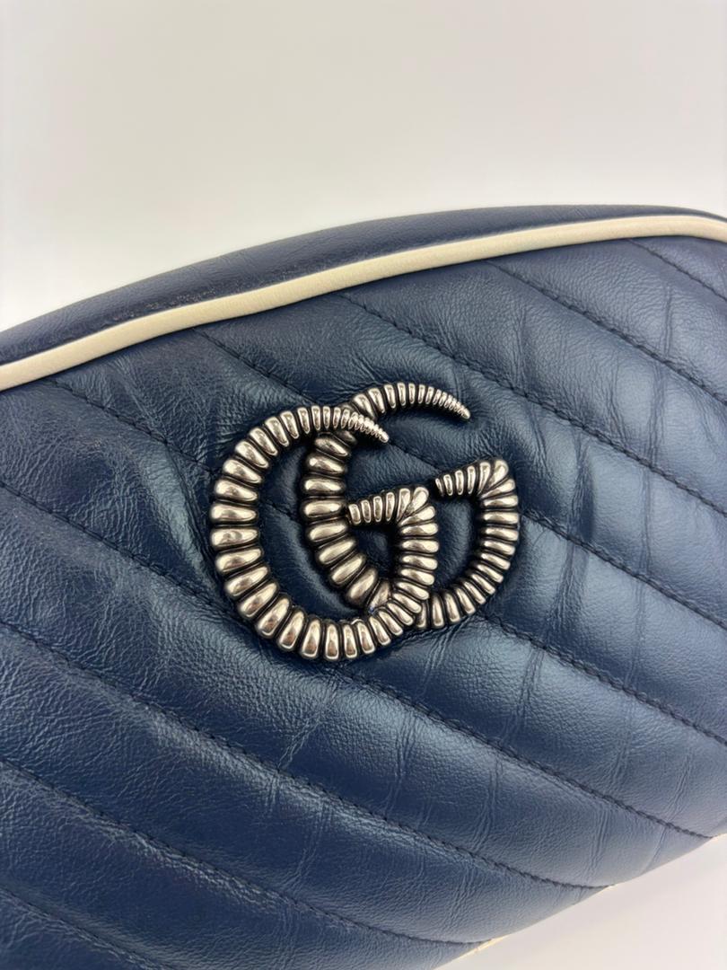 Small Torchon Marmont Blue Diagonal Quilted Leather Camera Bag