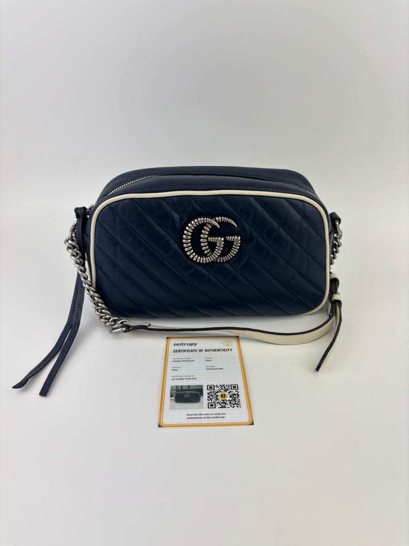 Small Torchon Marmont Blue Diagonal Quilted Leather Camera Bag