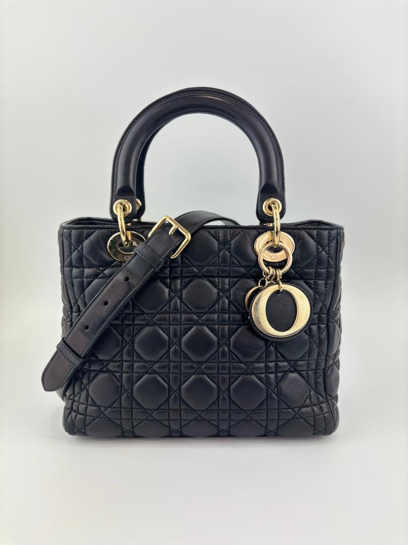 Medium Lady Dior Black Cannage Quilted Lambskin GHW