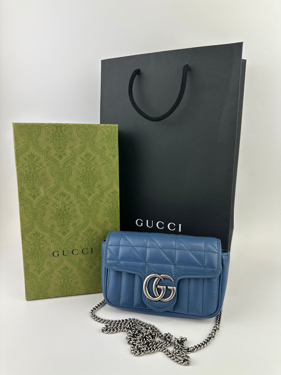 GG Marmont Supermini Blue Metelasse Leather Shoulder Bag