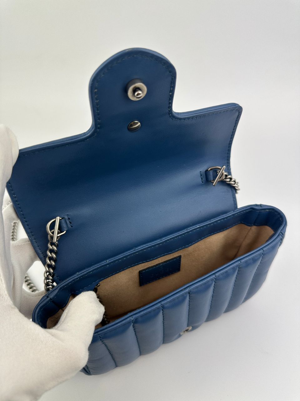 GG Marmont Supermini Blue Metelasse Leather Shoulder Bag