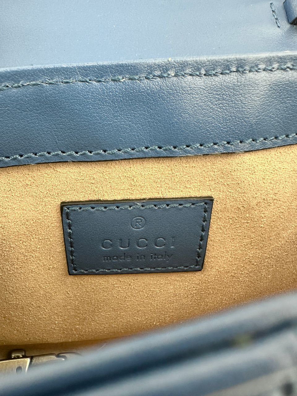 GG Marmont Supermini Blue Metelasse Leather Shoulder Bag