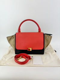 Small Vermillion Red Pebbled Leather and Suede Tri-Color Trapeze Bag