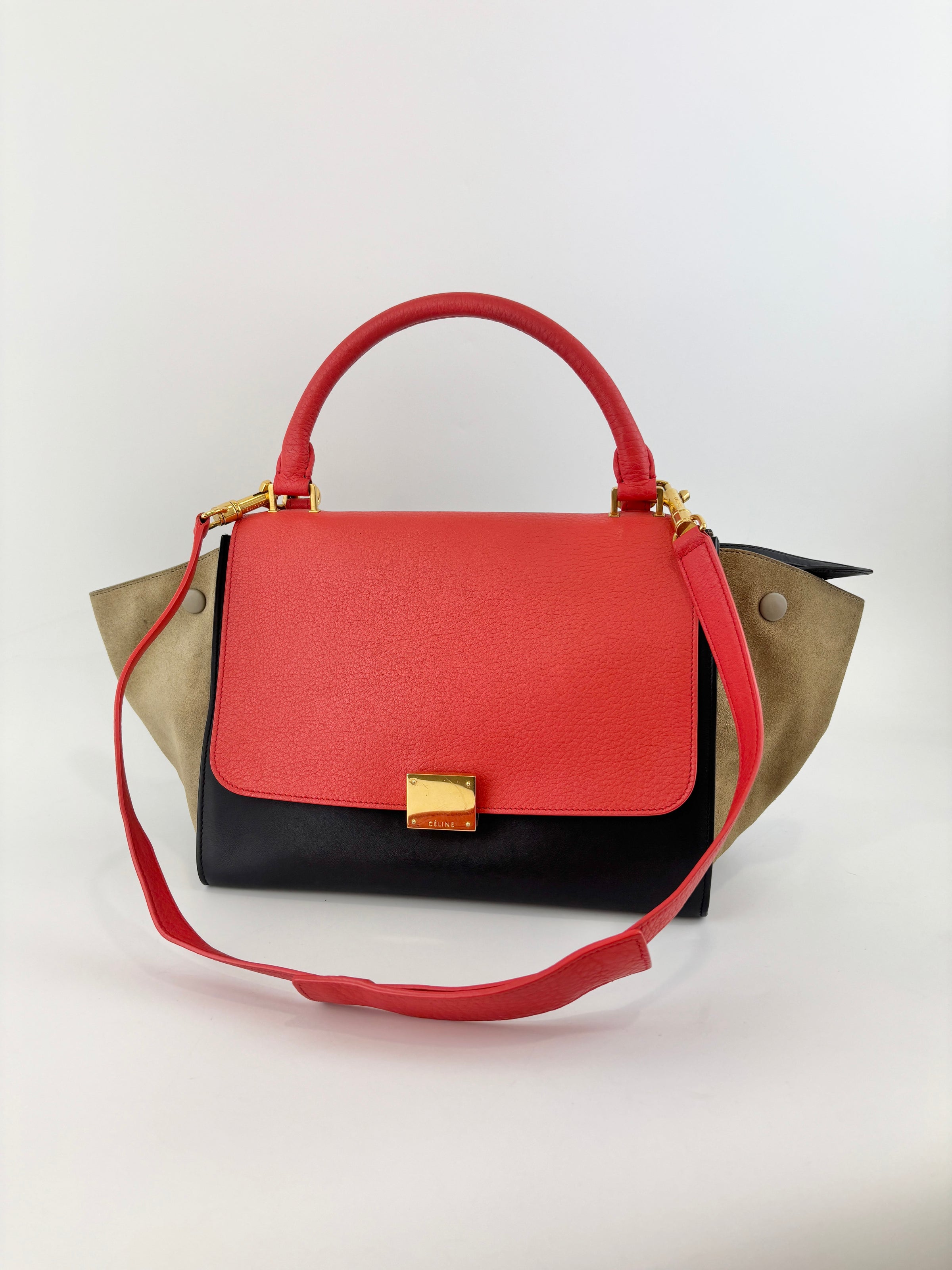 Small Vermillion Red Pebbled Leather and Suede Tri-Color Trapeze Bag