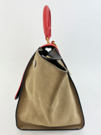 Small Vermillion Red Pebbled Leather and Suede Tri-Color Trapeze Bag