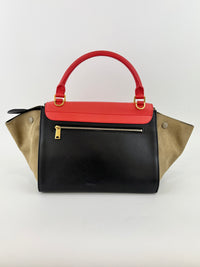 Small Vermillion Red Pebbled Leather and Suede Tri-Color Trapeze Bag