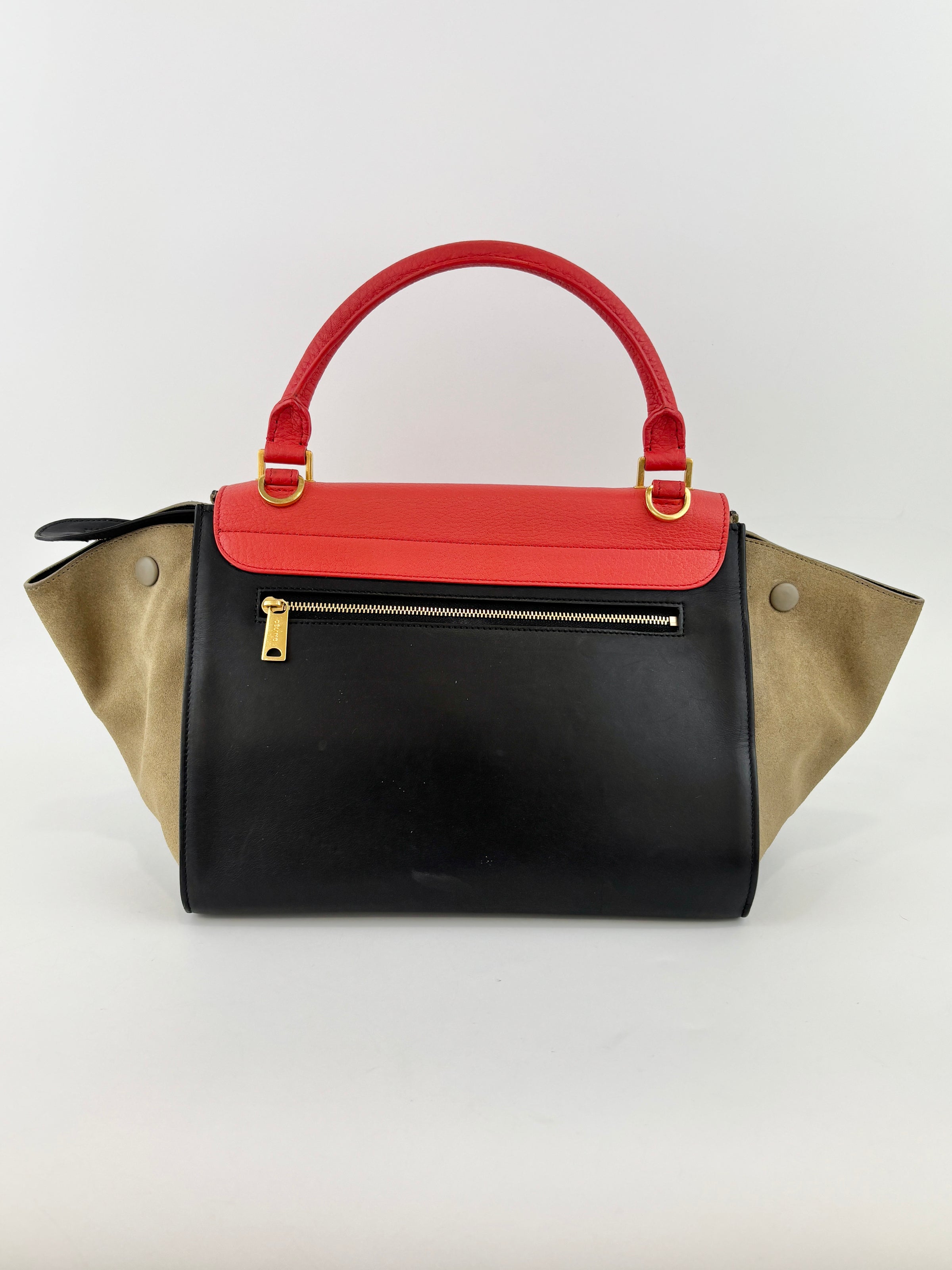 Small Vermillion Red Pebbled Leather and Suede Tri-Color Trapeze Bag