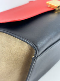 Small Vermillion Red Pebbled Leather and Suede Tri-Color Trapeze Bag