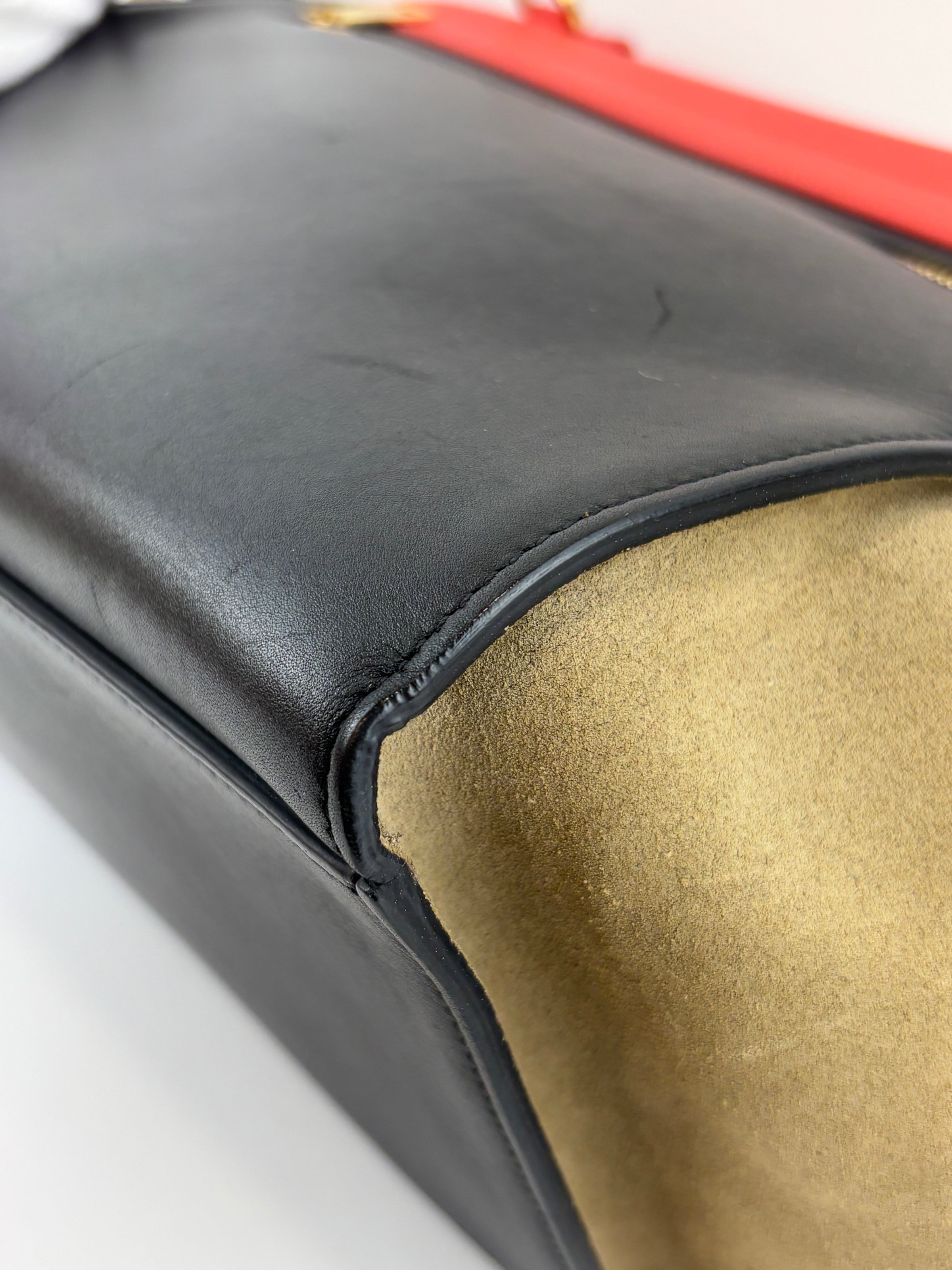 Small Vermillion Red Pebbled Leather and Suede Tri-Color Trapeze Bag