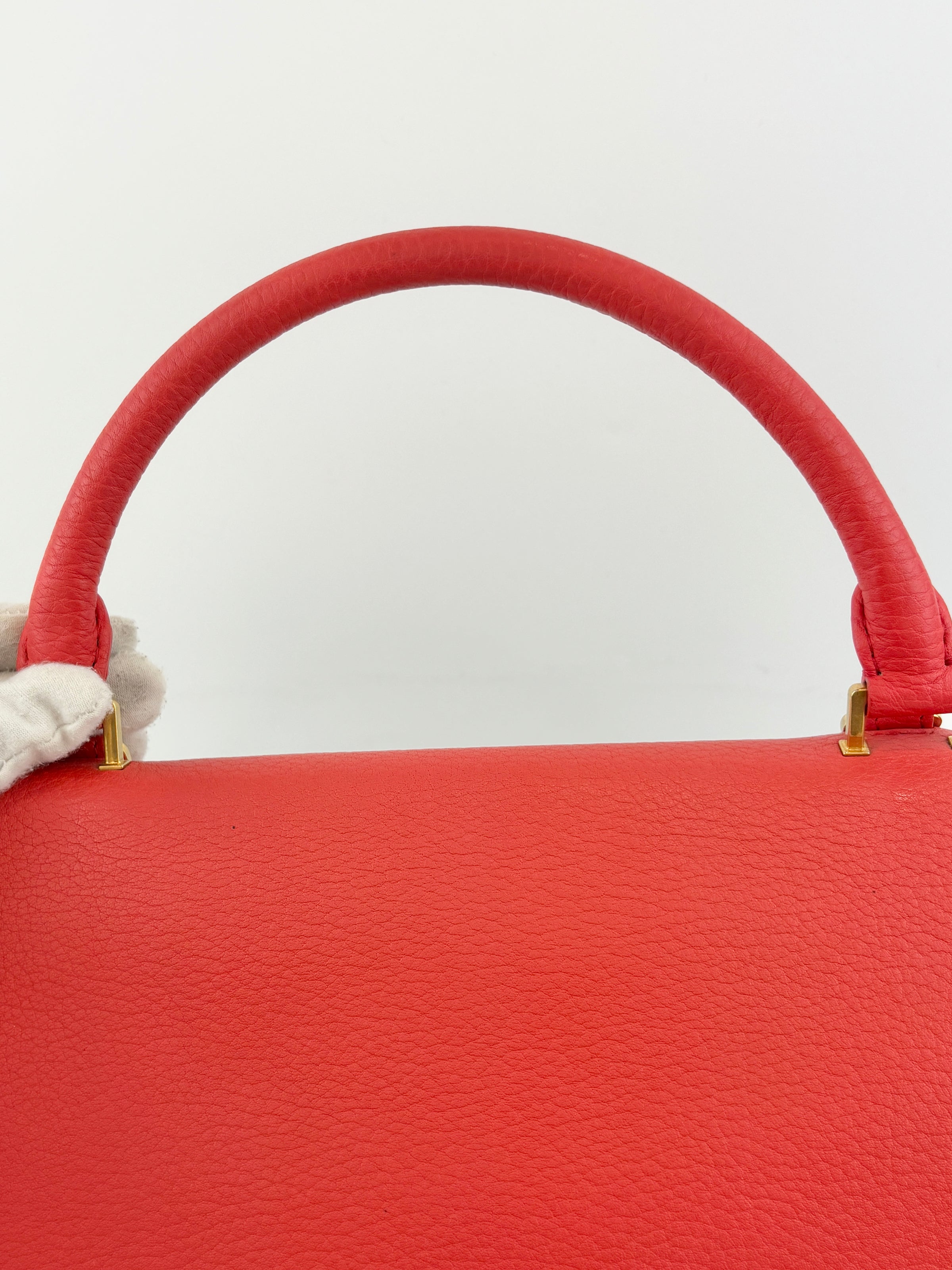Small Vermillion Red Pebbled Leather and Suede Tri-Color Trapeze Bag