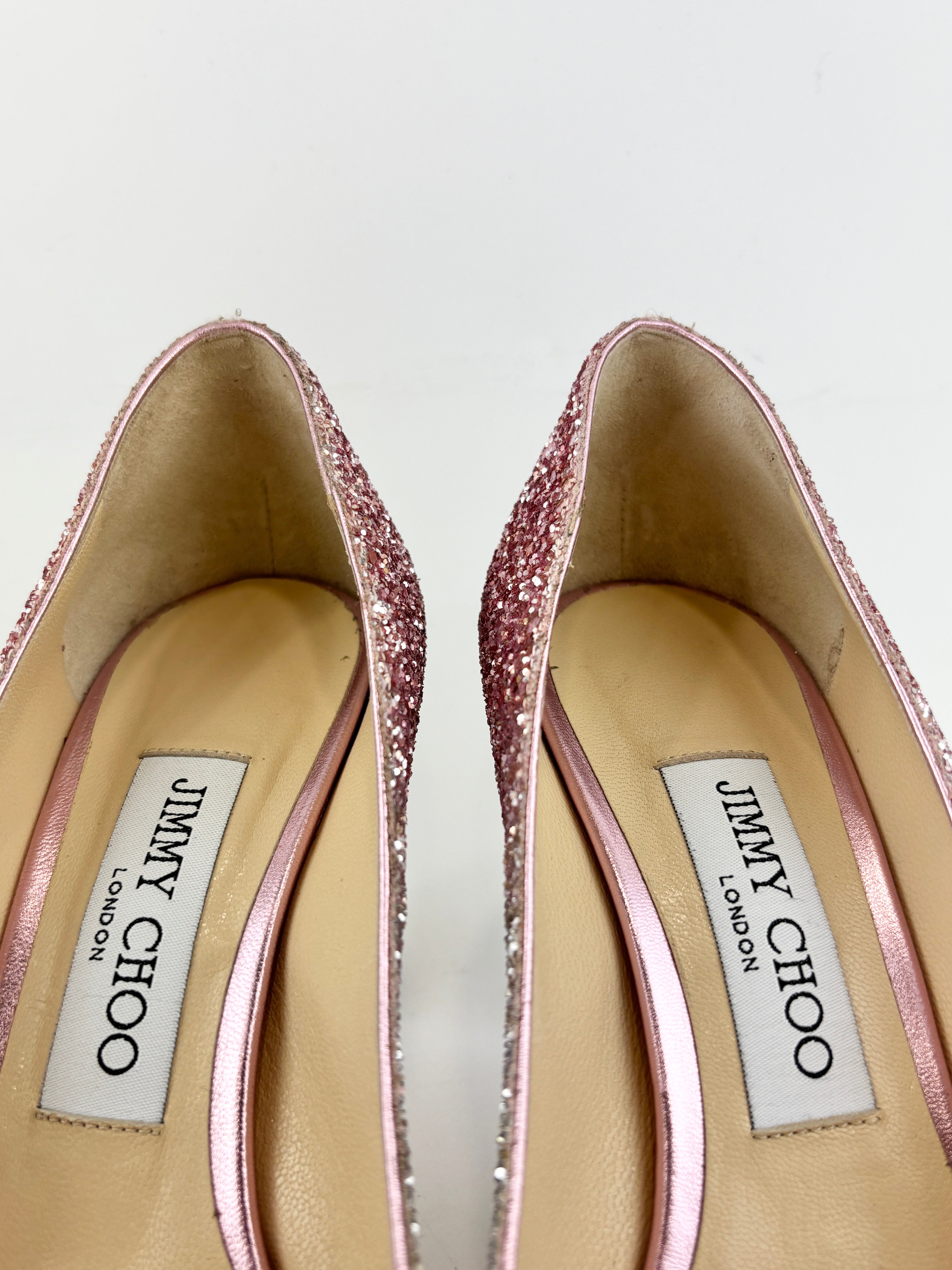 Jimmy Choo Romy 85 Glitter Pumps – Platinum & Flamingo Pink Size