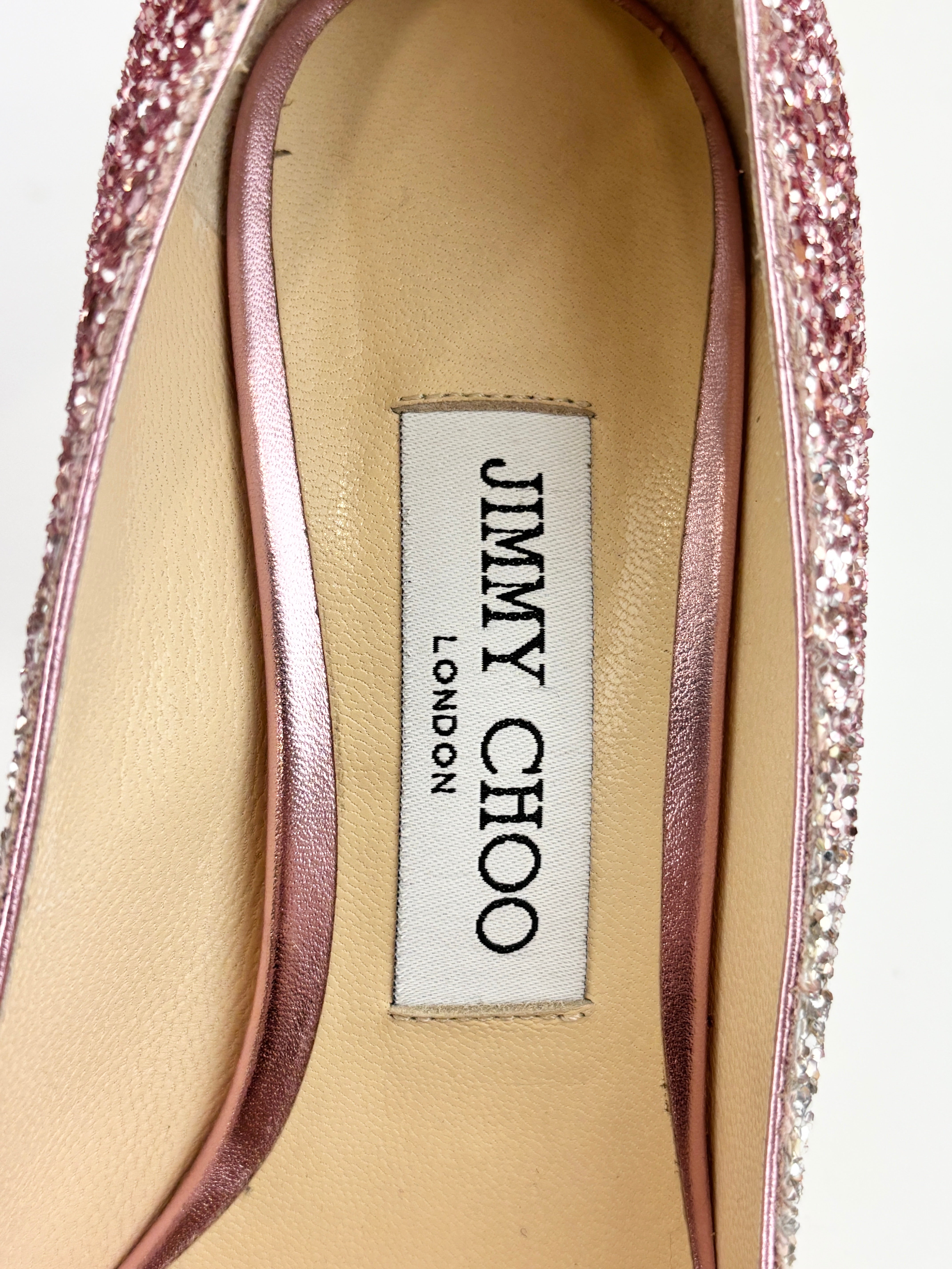 Jimmy Choo Romy 85 Glitter Pumps – Platinum & Flamingo Pink Size