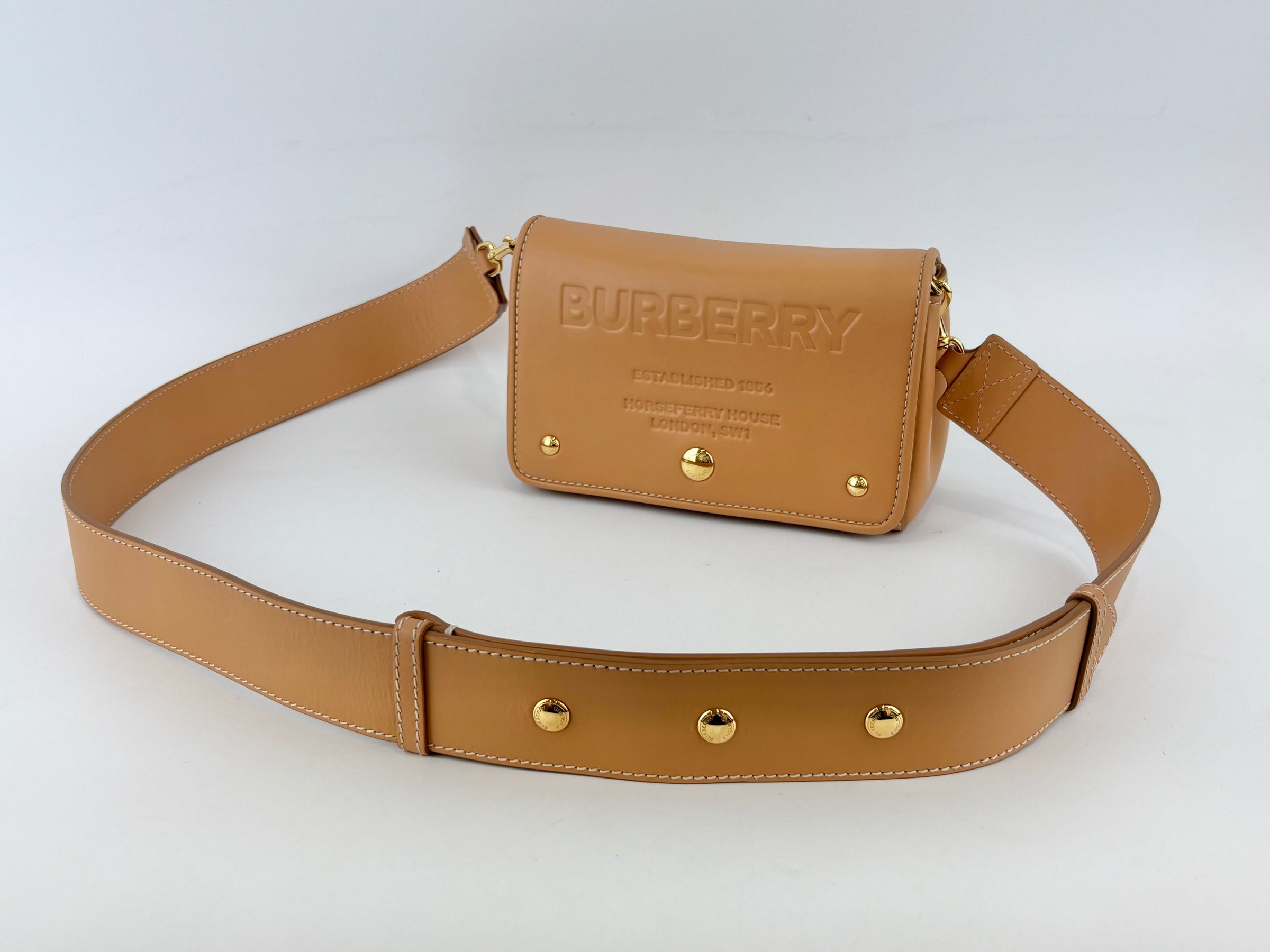 Hackberry Horseferry Debossed Leather Crossbody Bag in Warm Sand