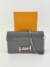 Double T Logo Chain WOC in Grey Croc Embossed