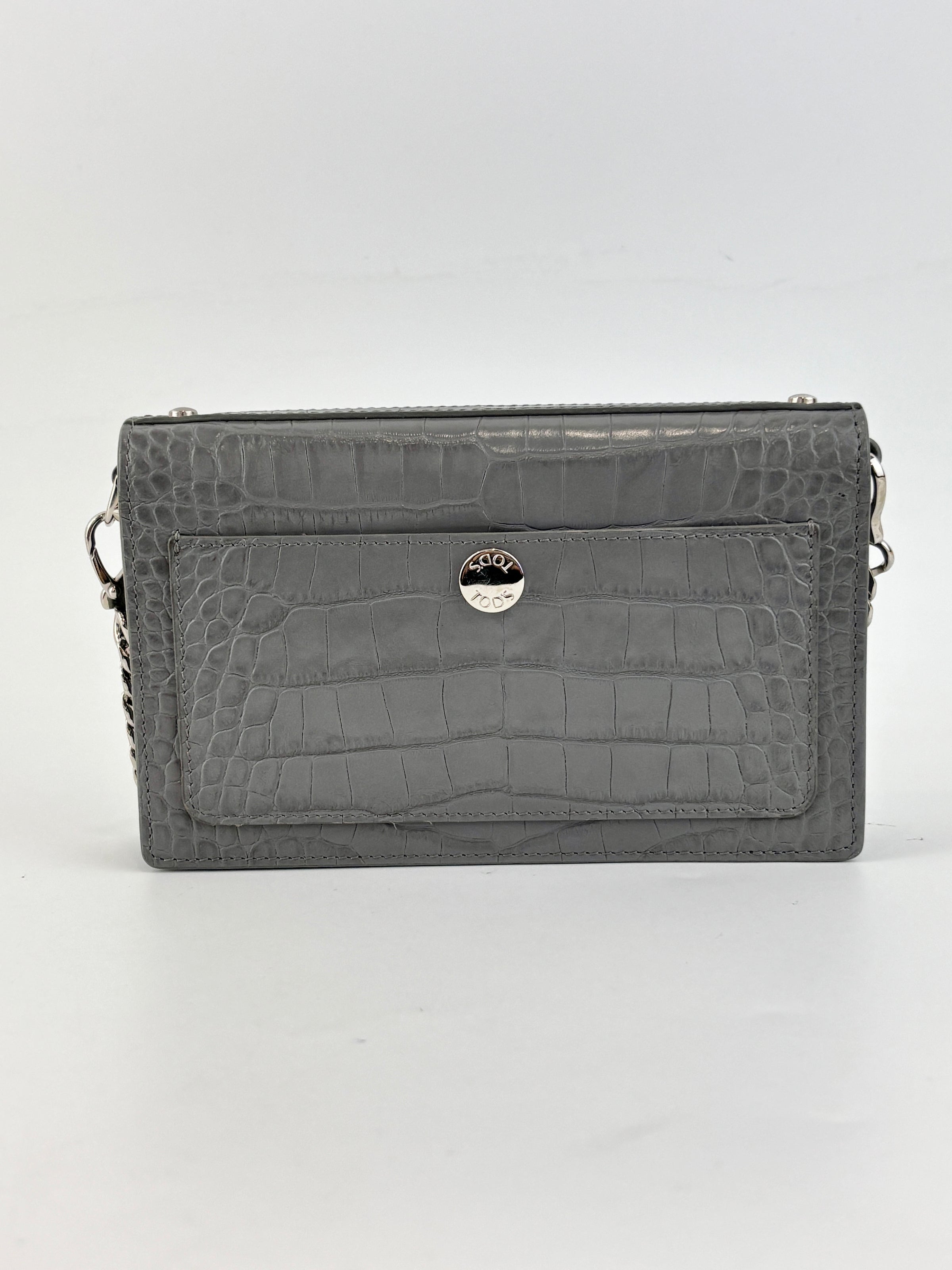 Double T Logo Chain WOC in Grey Croc Embossed
