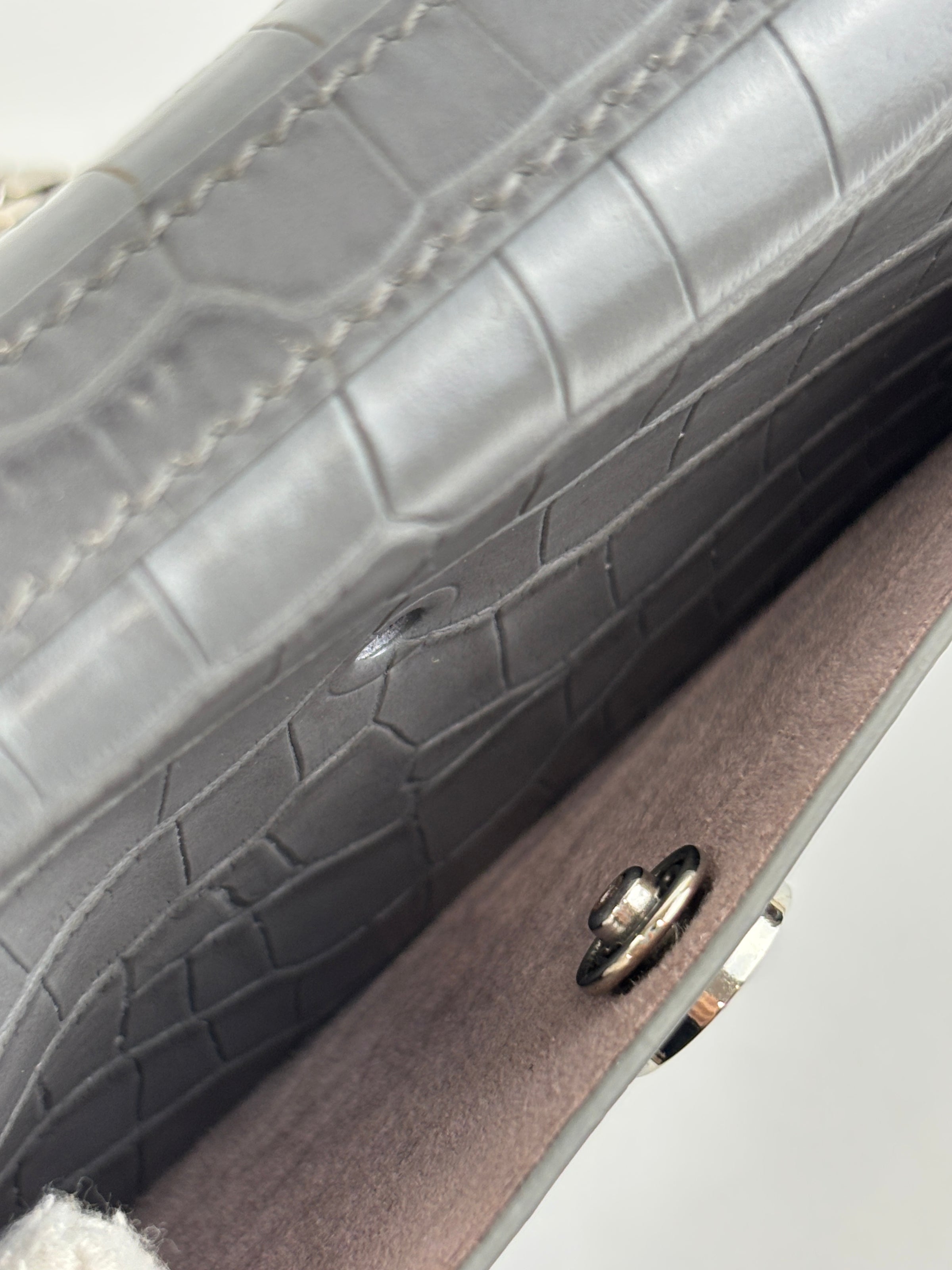 Double T Logo Chain WOC in Grey Croc Embossed