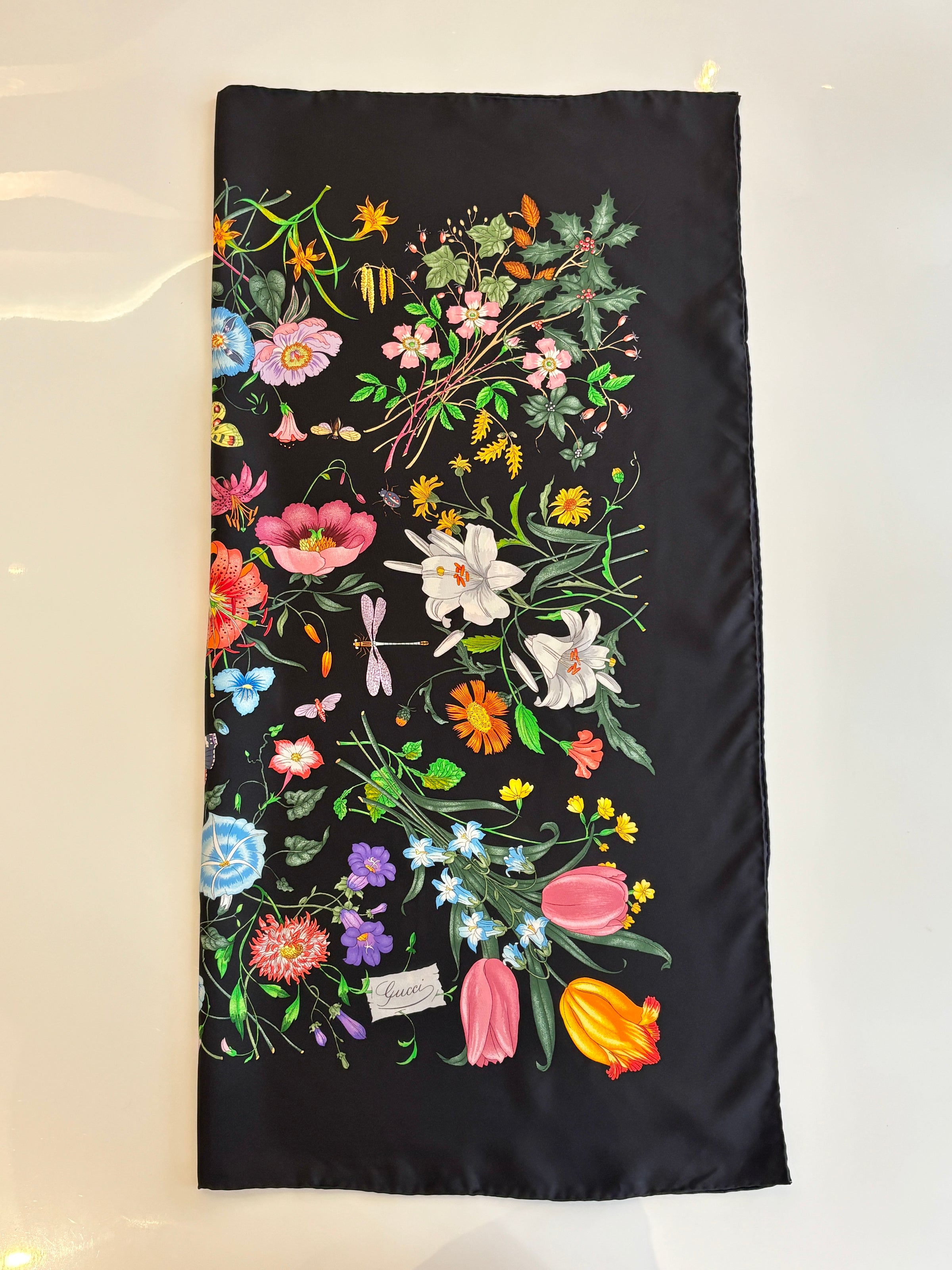 Black Flora Printed Silk Twill Carré