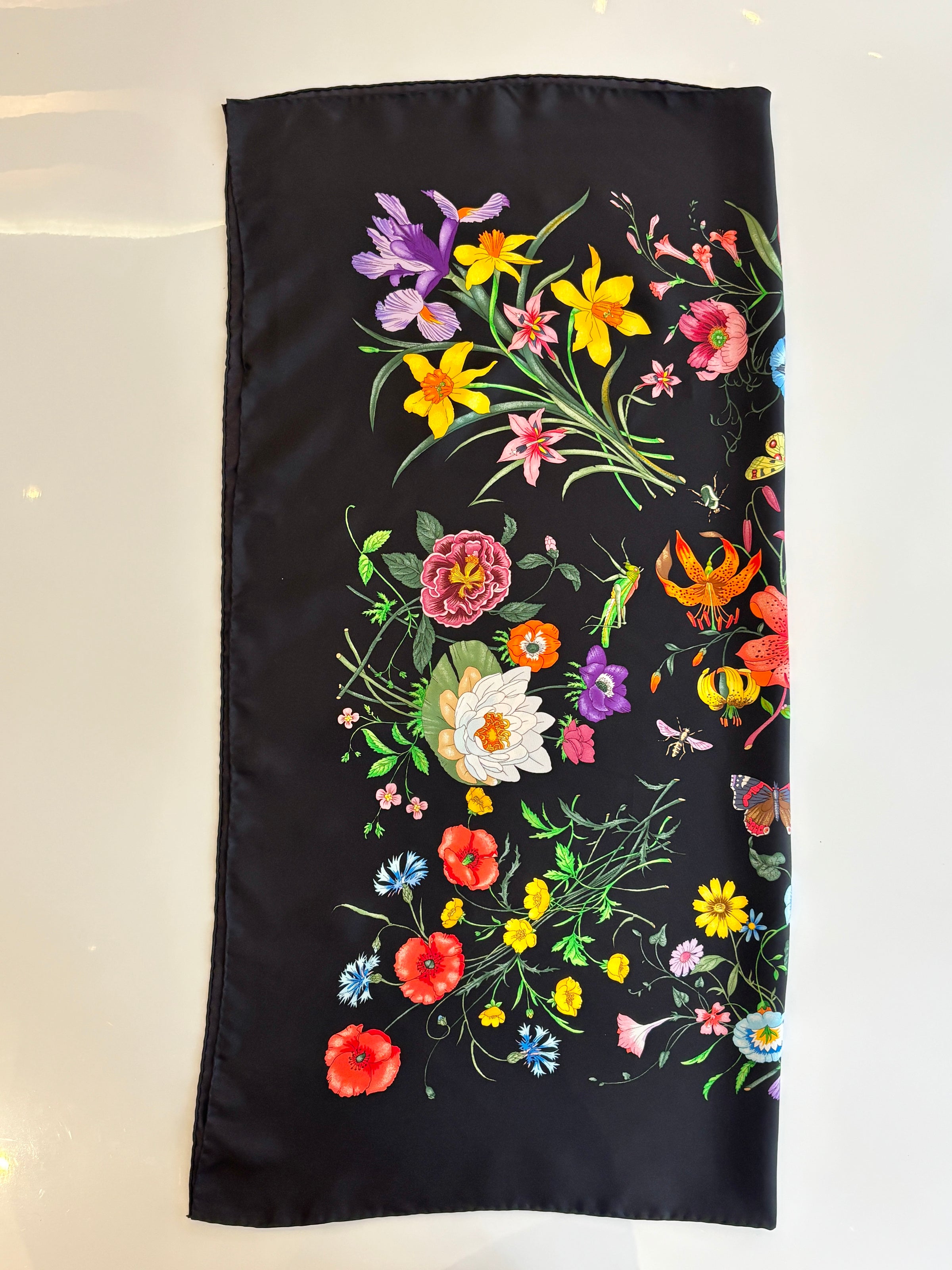 Black Flora Printed Silk Twill Carré