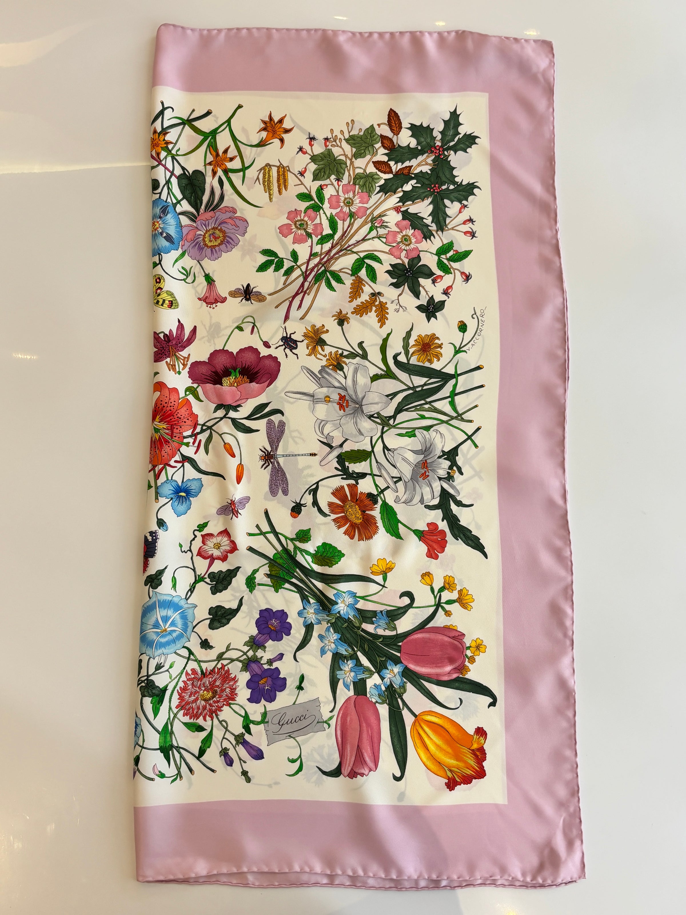 Pastel Pink Flora Printed Silk Twill Carré