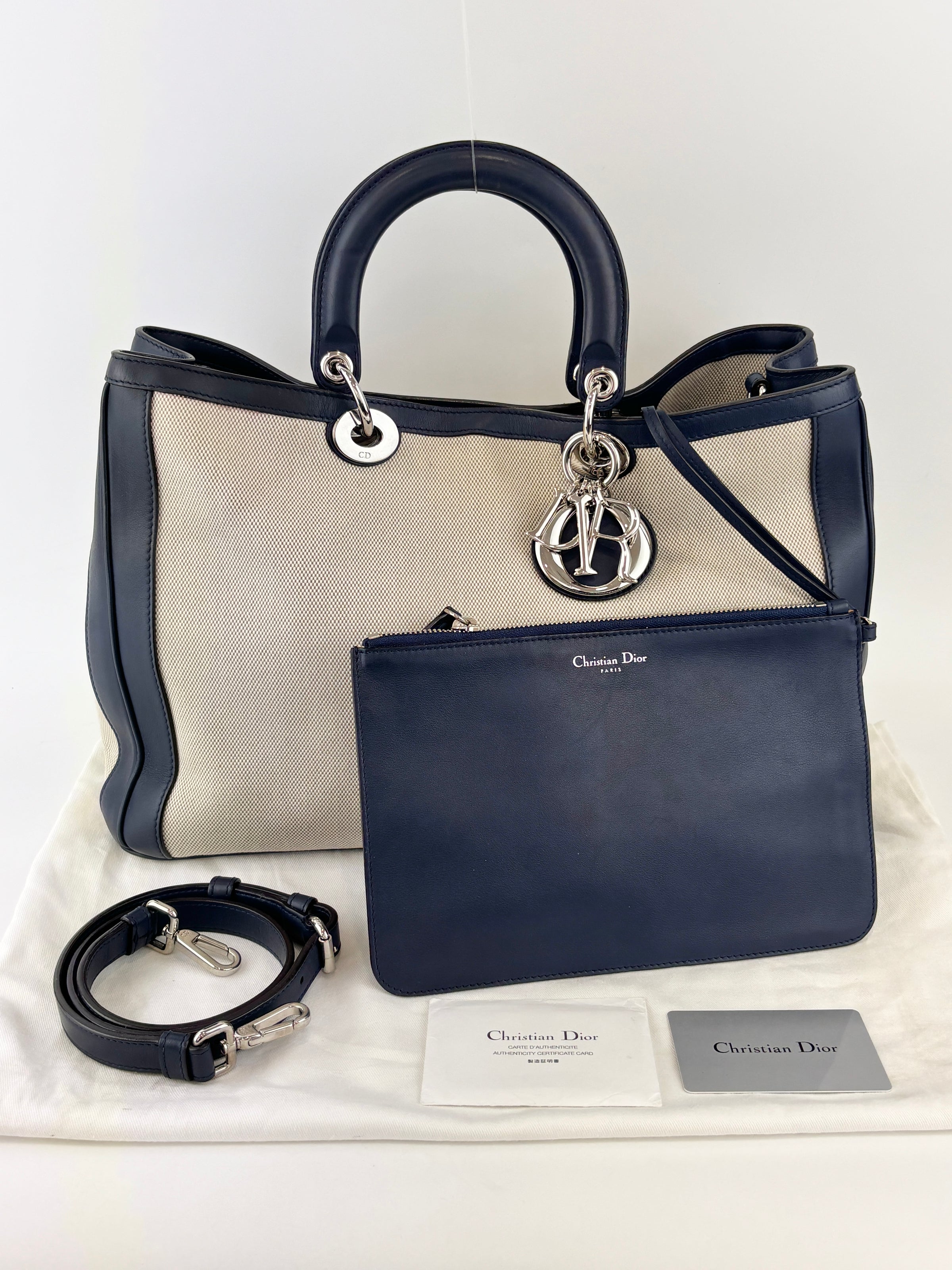 Large Diorissimo Navy Blue / Natural Canvas and Leather Shopper Tote