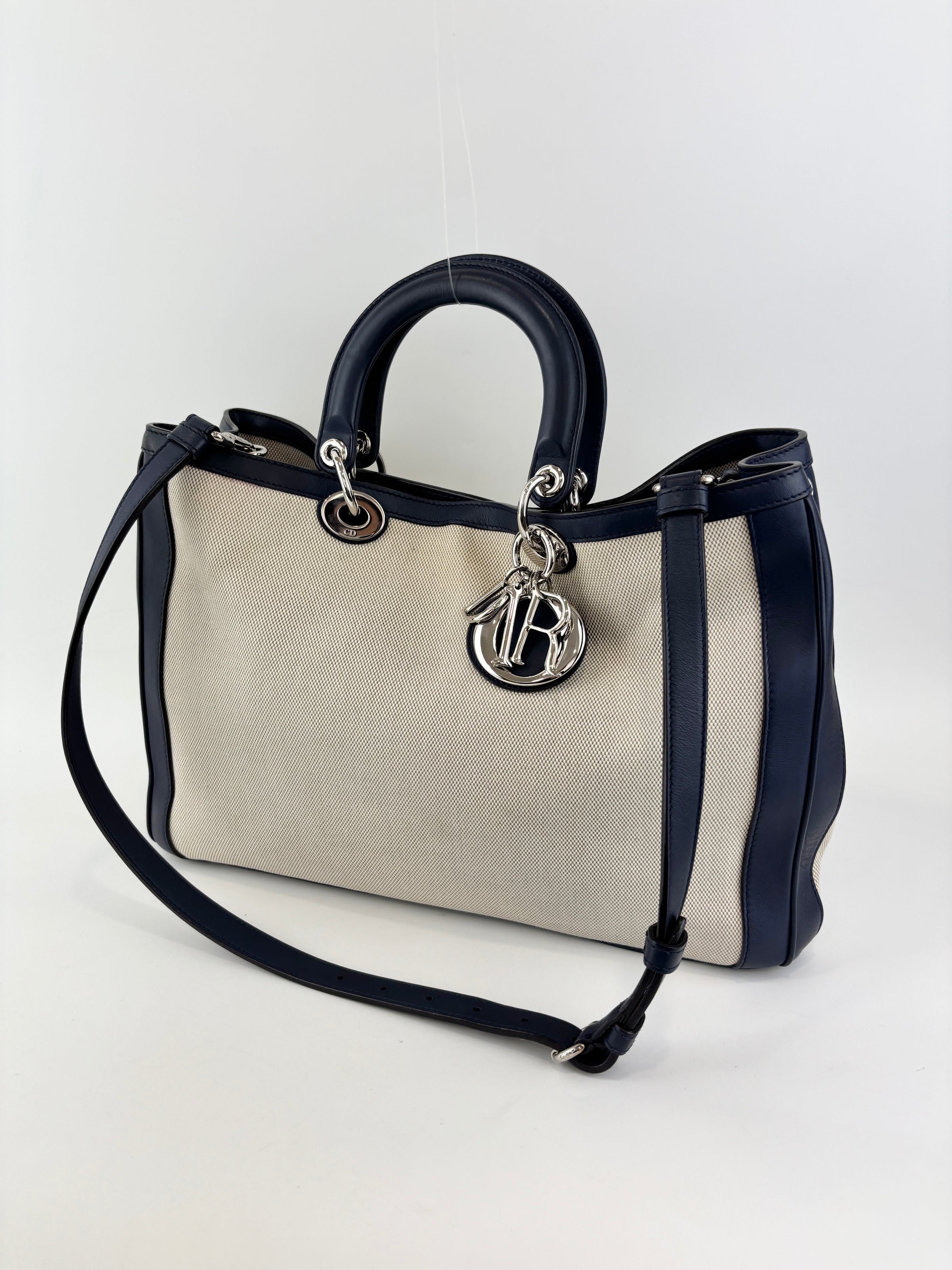 Large Diorissimo Navy Blue / Natural Canvas and Leather Shopper Tote