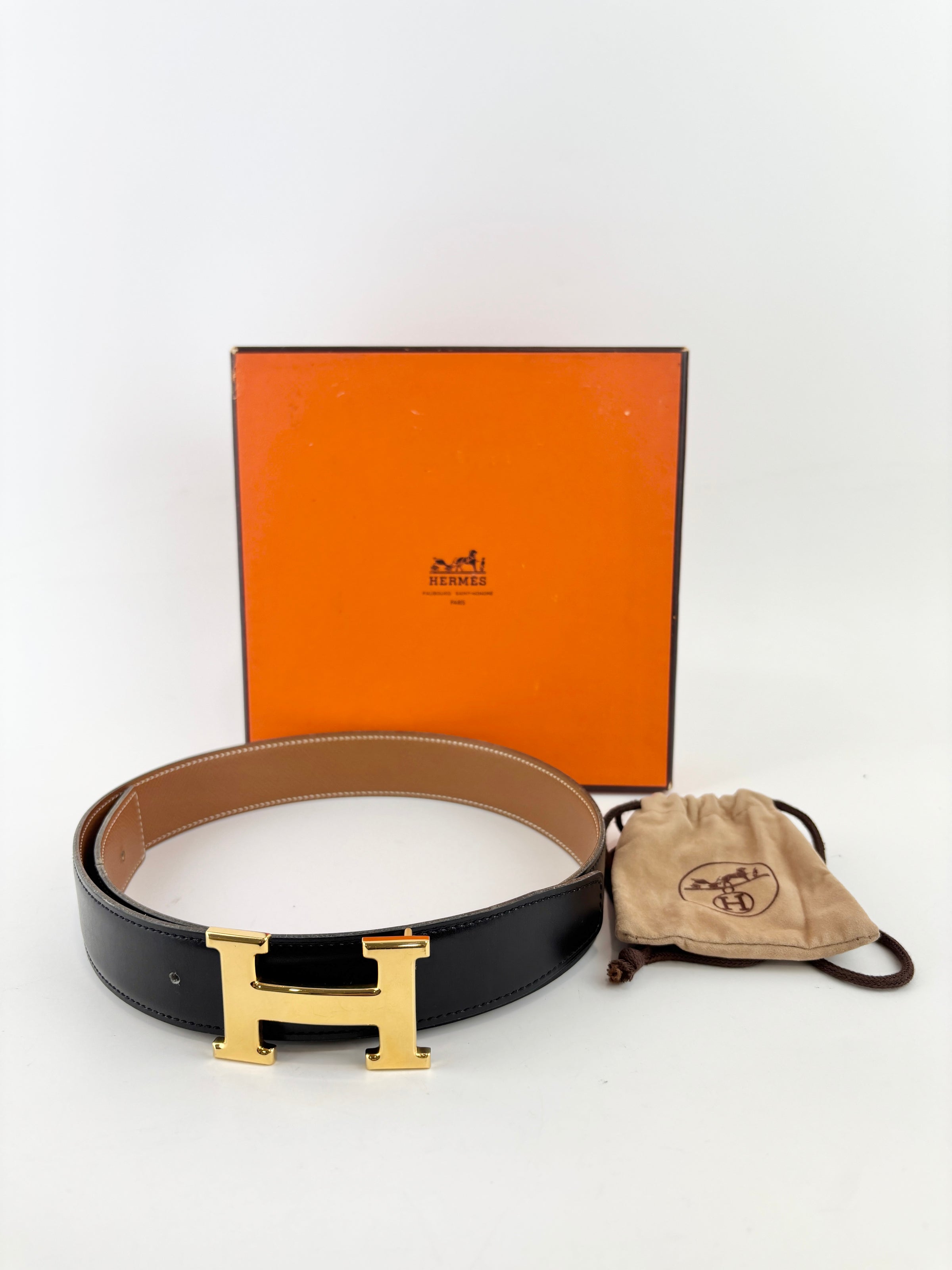32mm H Gloss Gold Buckle + Black Box / Gold Epsom Leather Strap 70 cm