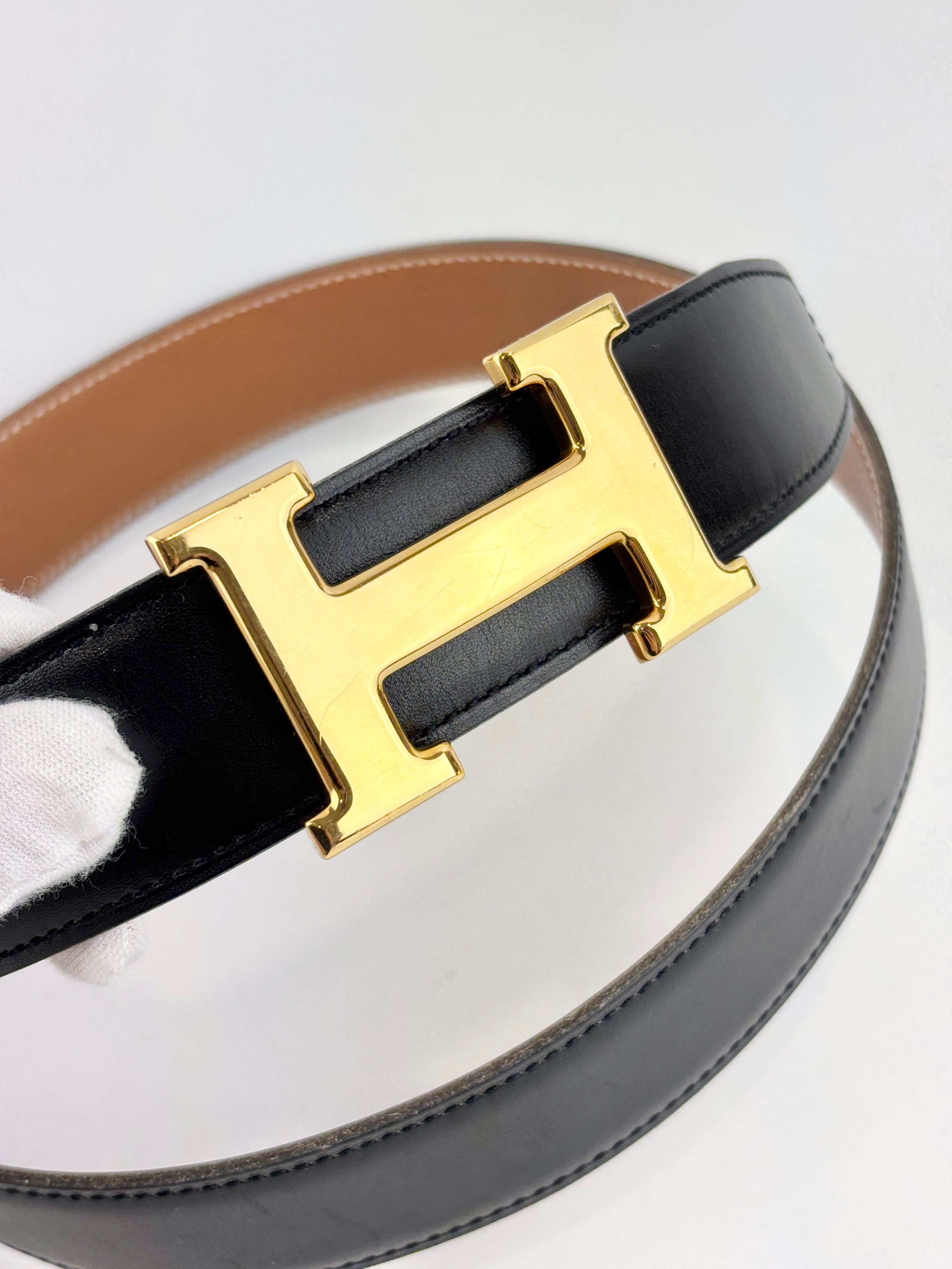 32mm H Gloss Gold Buckle + Black Box / Gold Epsom Leather Strap 70 cm