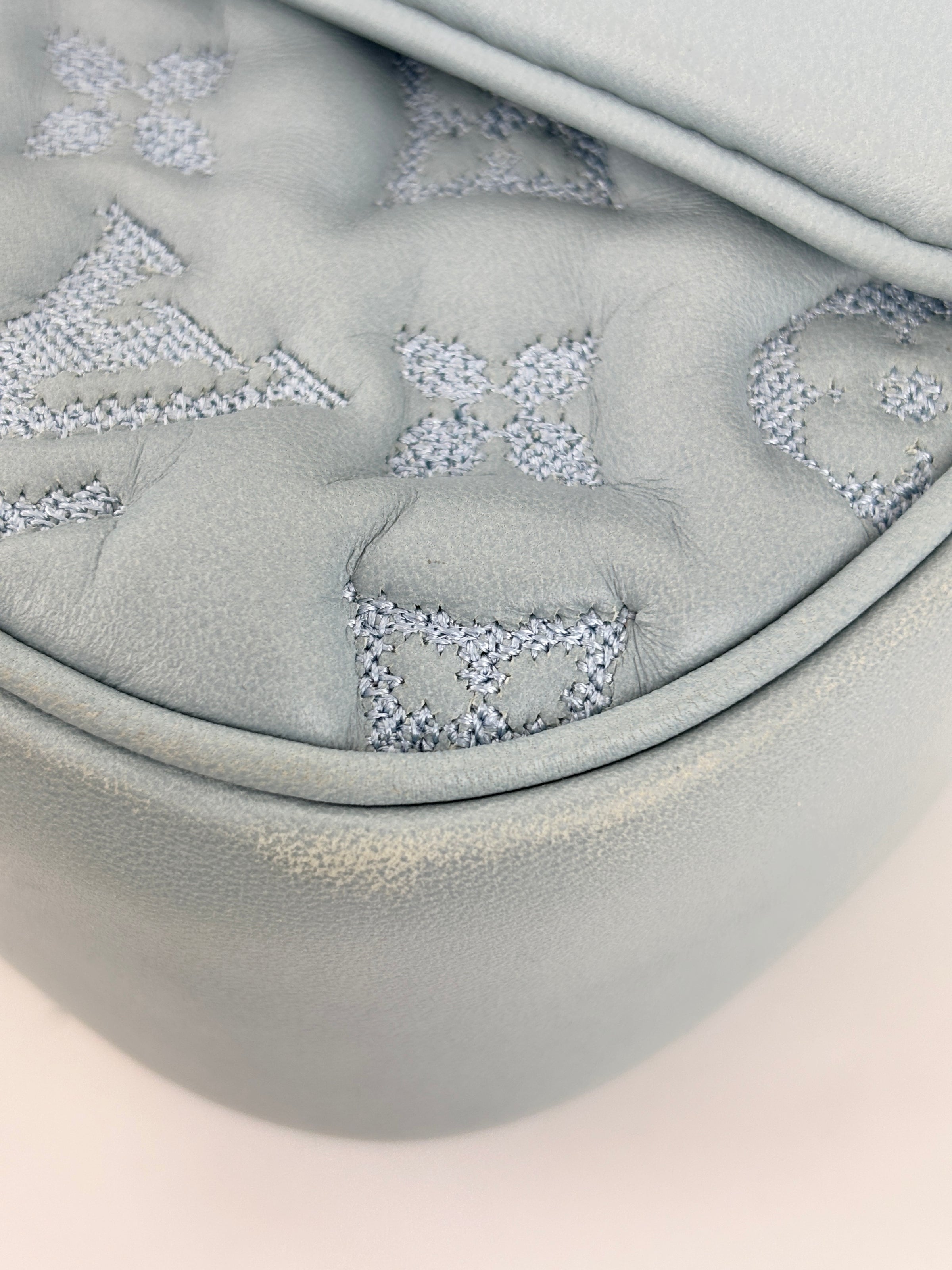 Mama Broderie Pochette Shoulder Bag in Light Blue Lambskin