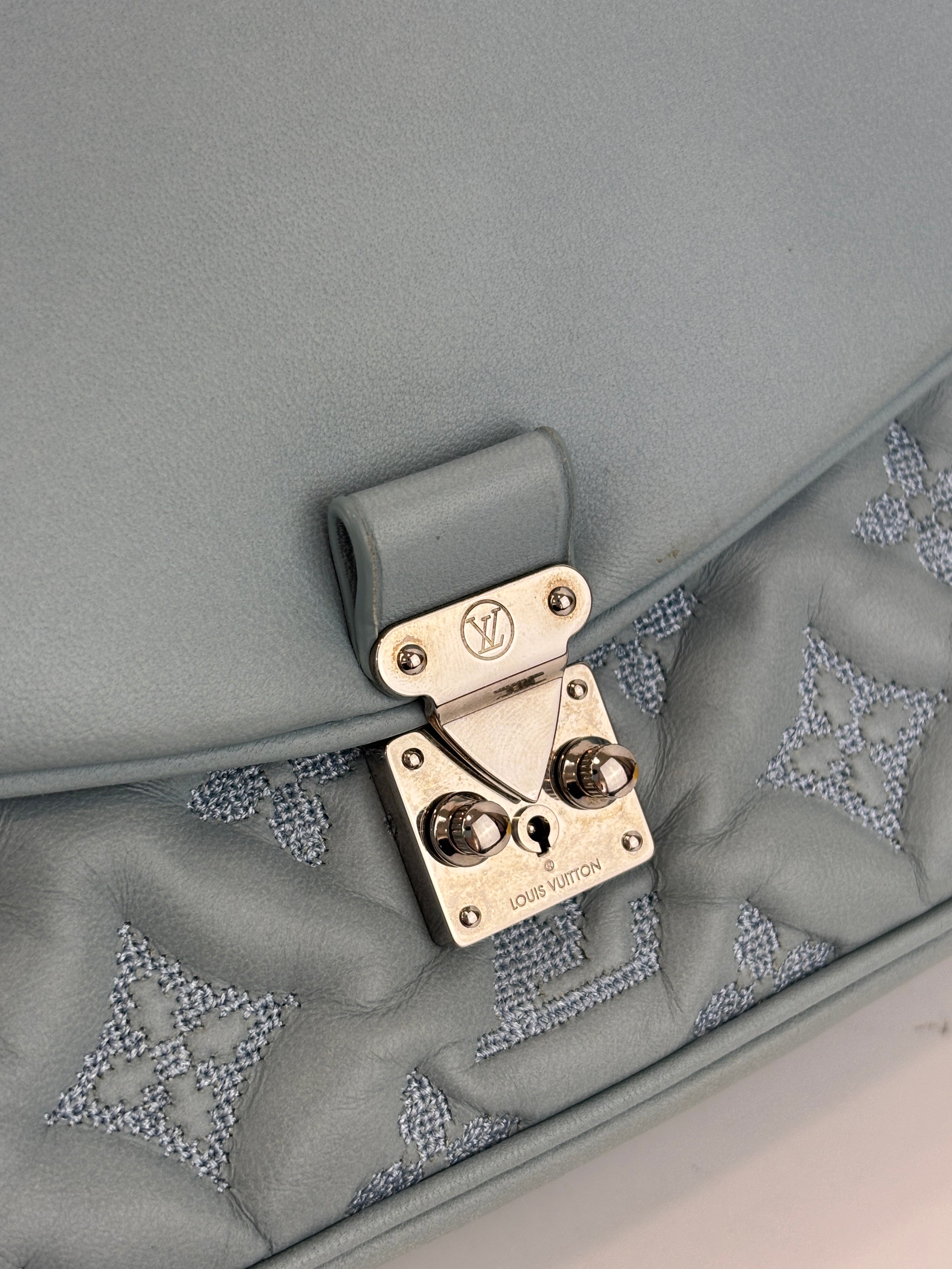Mama Broderie Pochette Shoulder Bag in Light Blue Lambskin