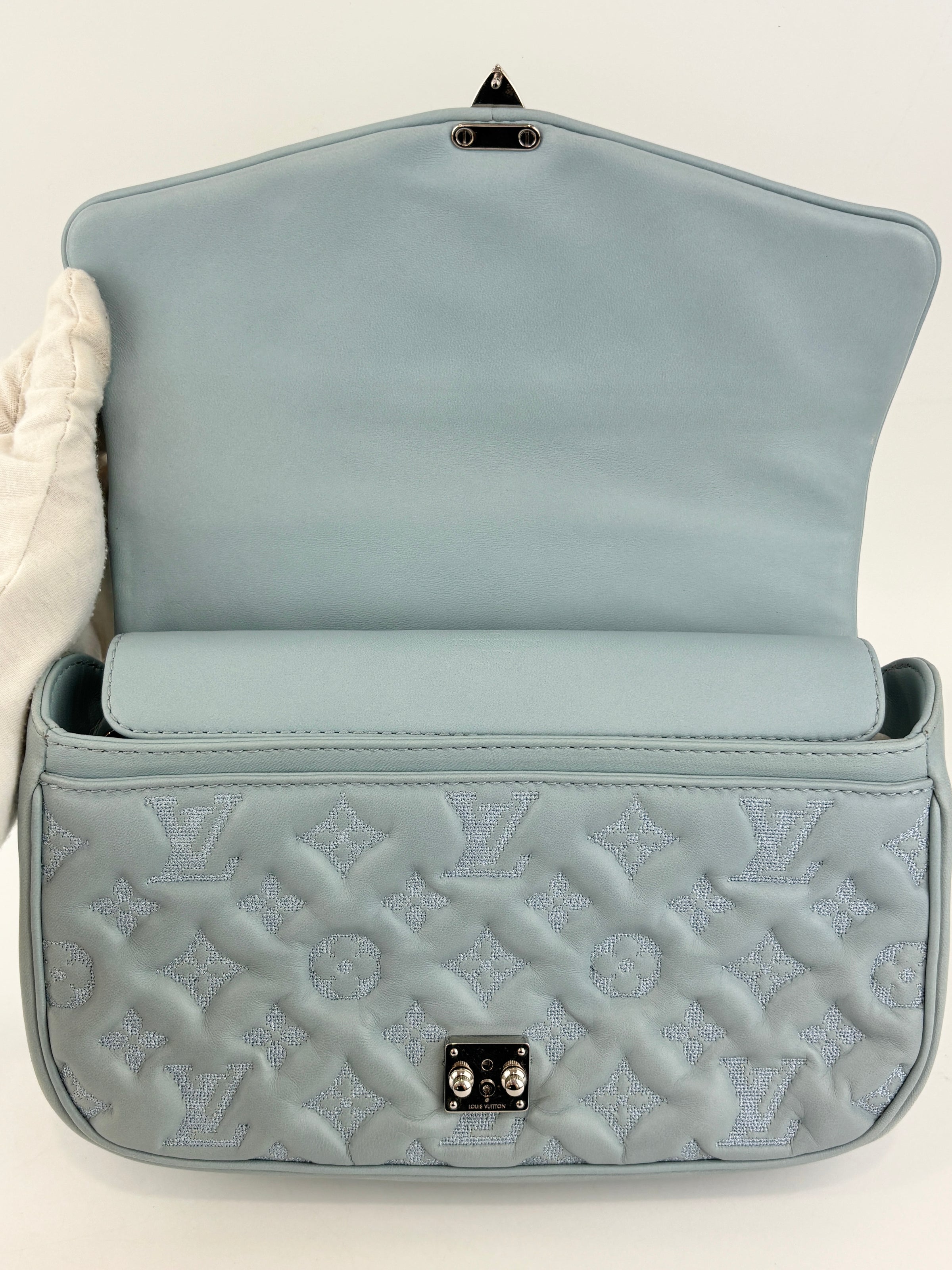 Mama Broderie Pochette Shoulder Bag in Light Blue Lambskin