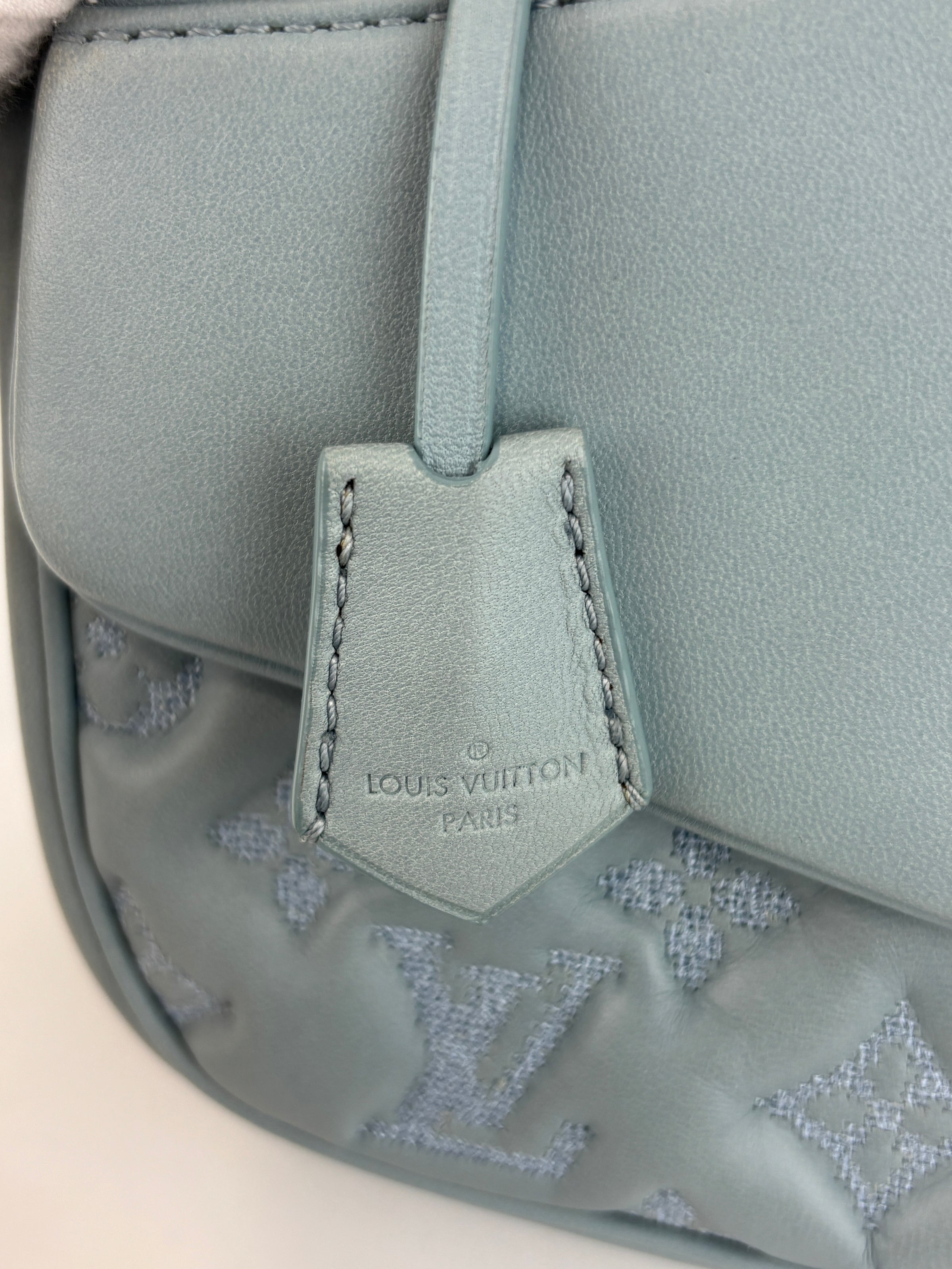 Mama Broderie Pochette Shoulder Bag in Light Blue Lambskin