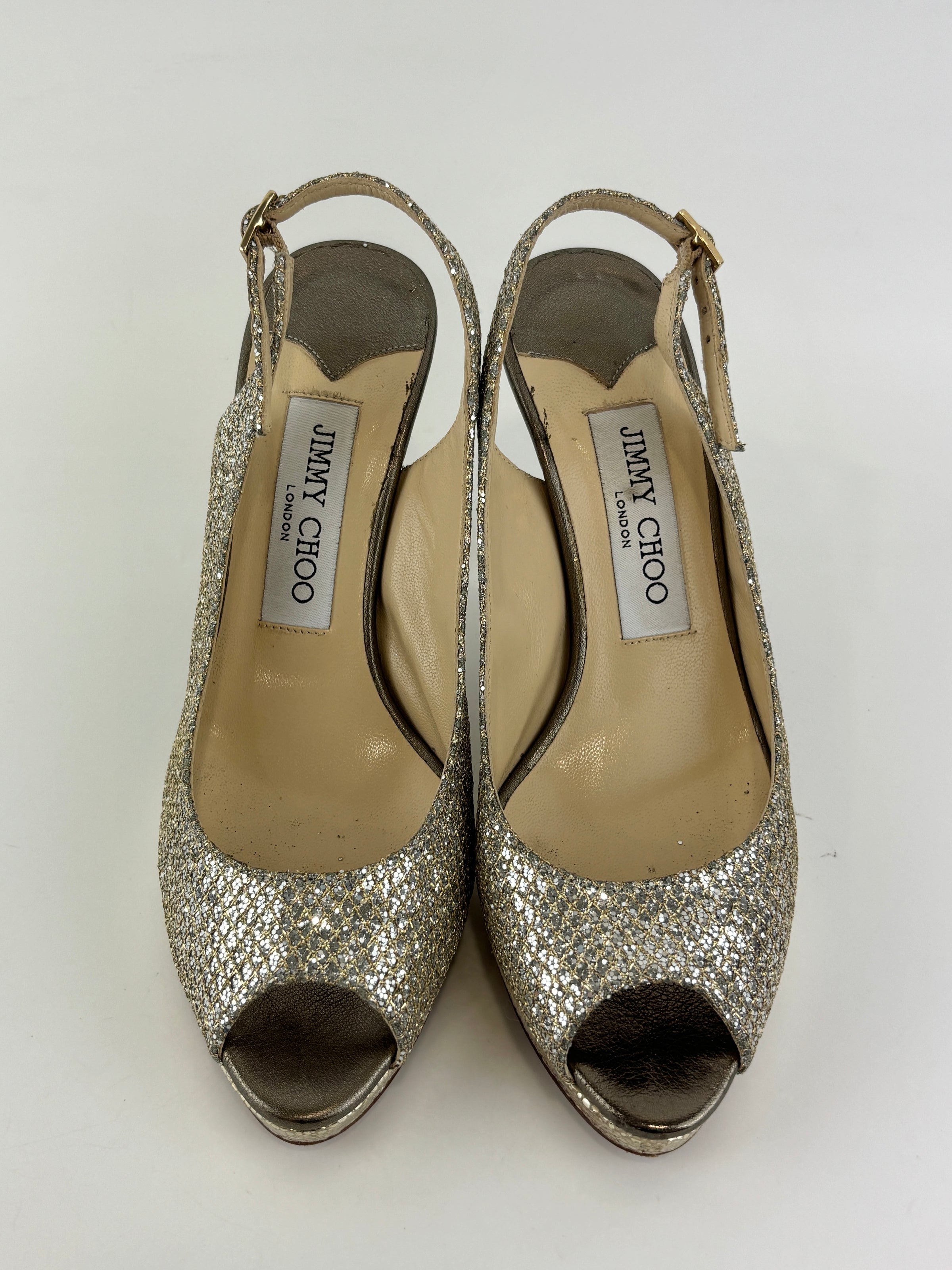 Evelyn Champagne Glitter Peep Toe Slingback Pumps Size 35.5