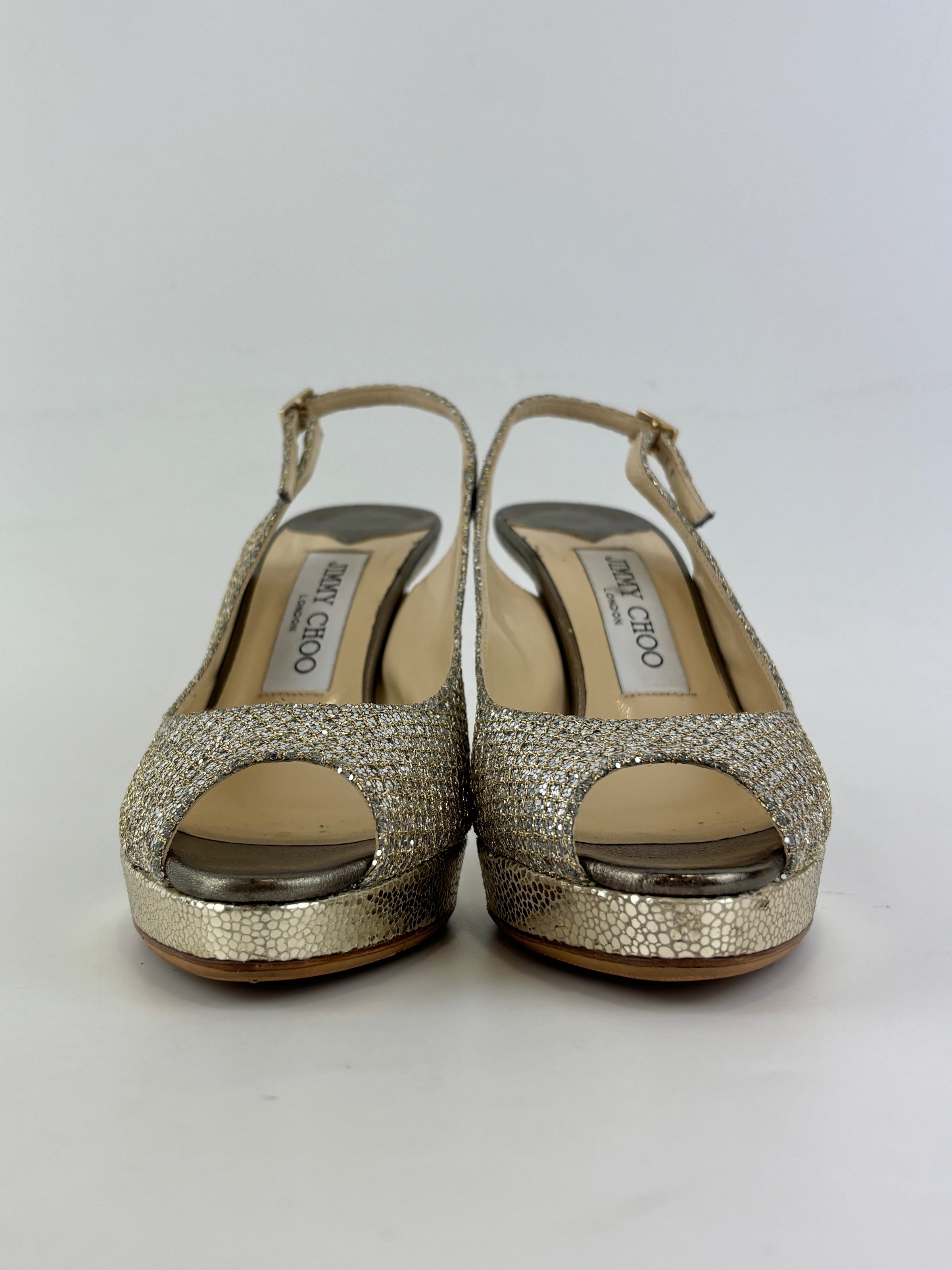 Evelyn Champagne Glitter Peep Toe Slingback Pumps Size 35.5