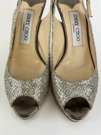 Evelyn Champagne Glitter Peep Toe Slingback Pumps Size 35.5