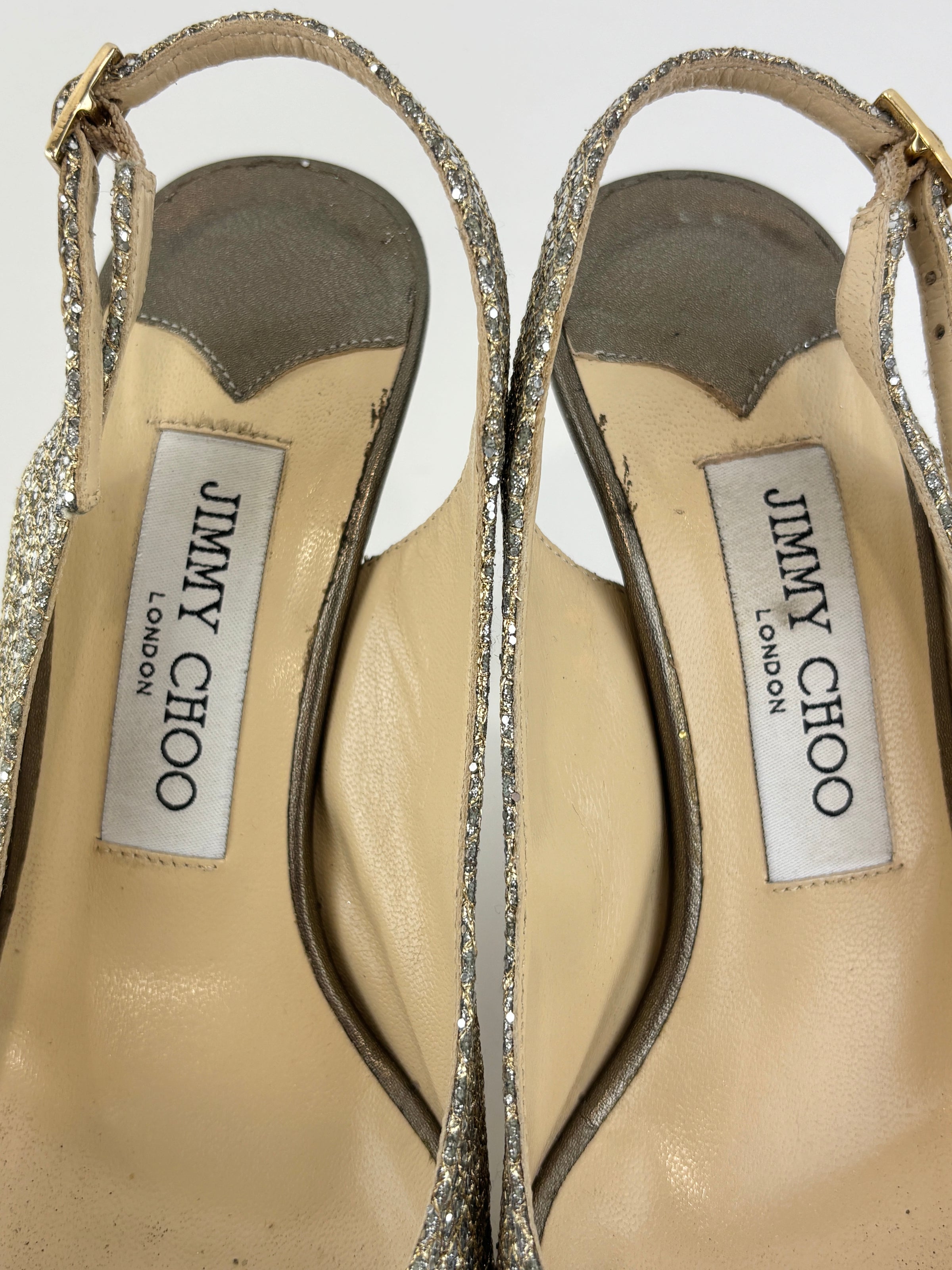 Evelyn Champagne Glitter Peep Toe Slingback Pumps Size 35.5