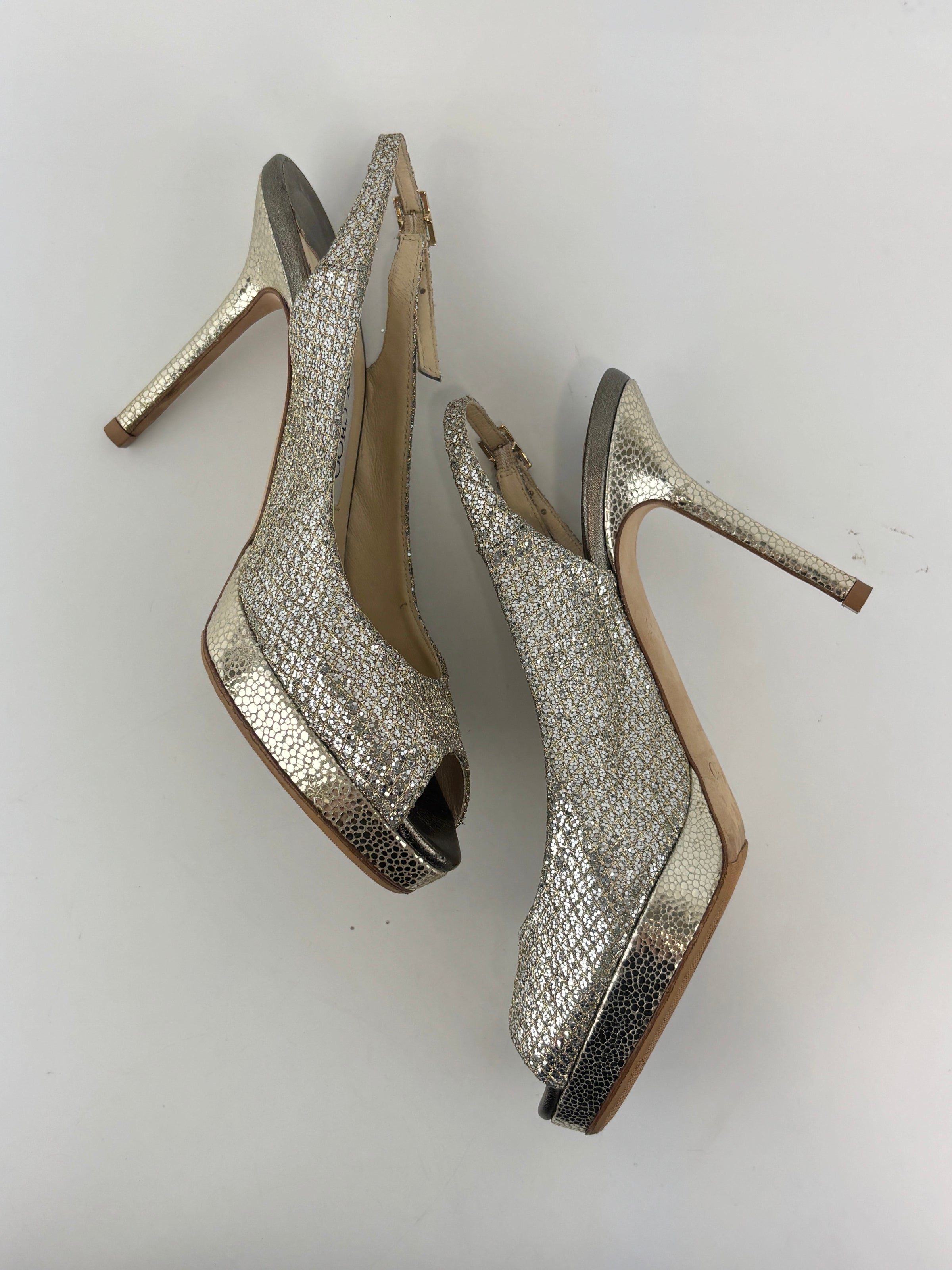 Evelyn Champagne Glitter Peep Toe Slingback Pumps Size 35.5