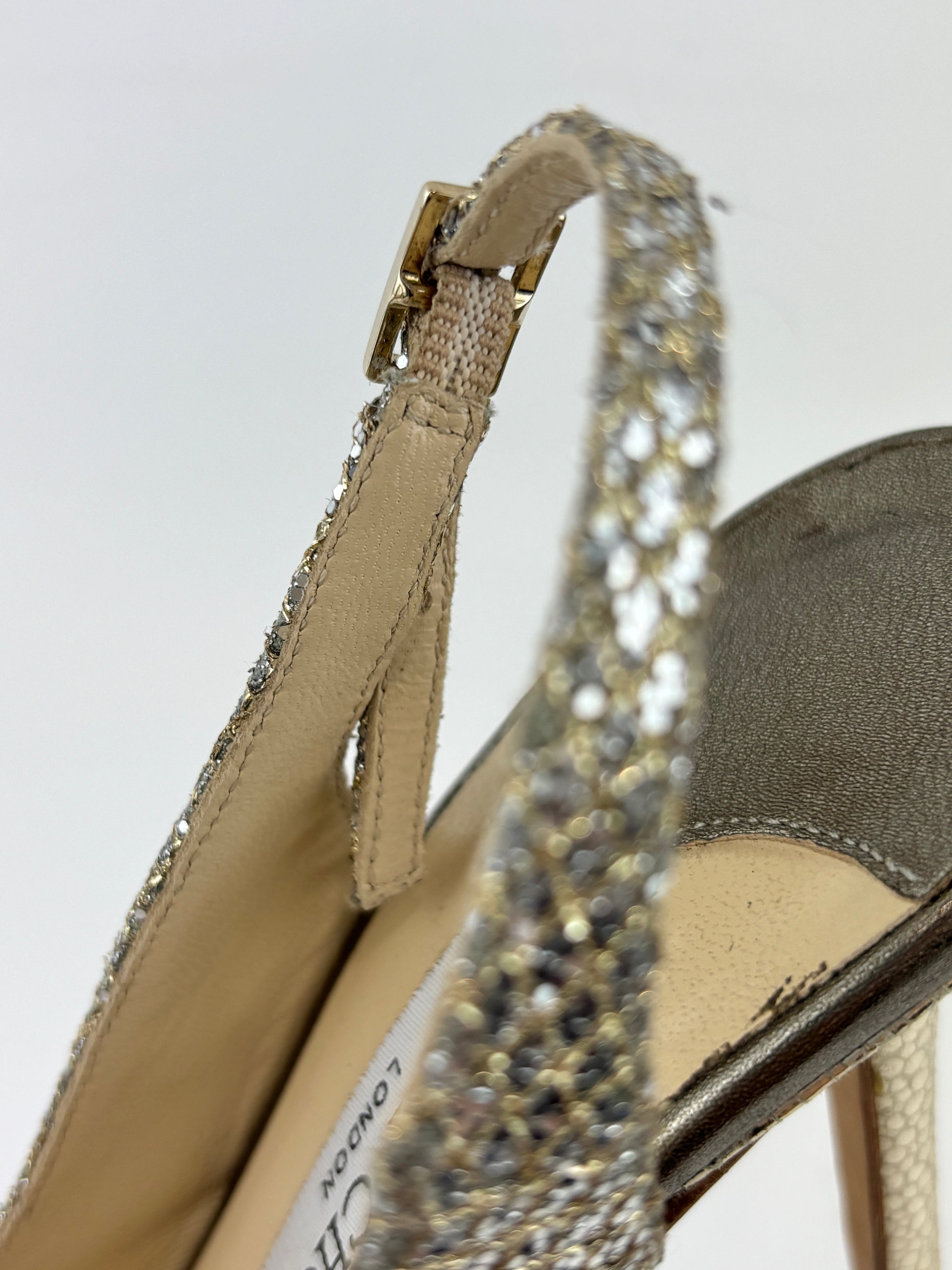 Evelyn Champagne Glitter Peep Toe Slingback Pumps Size 35.5