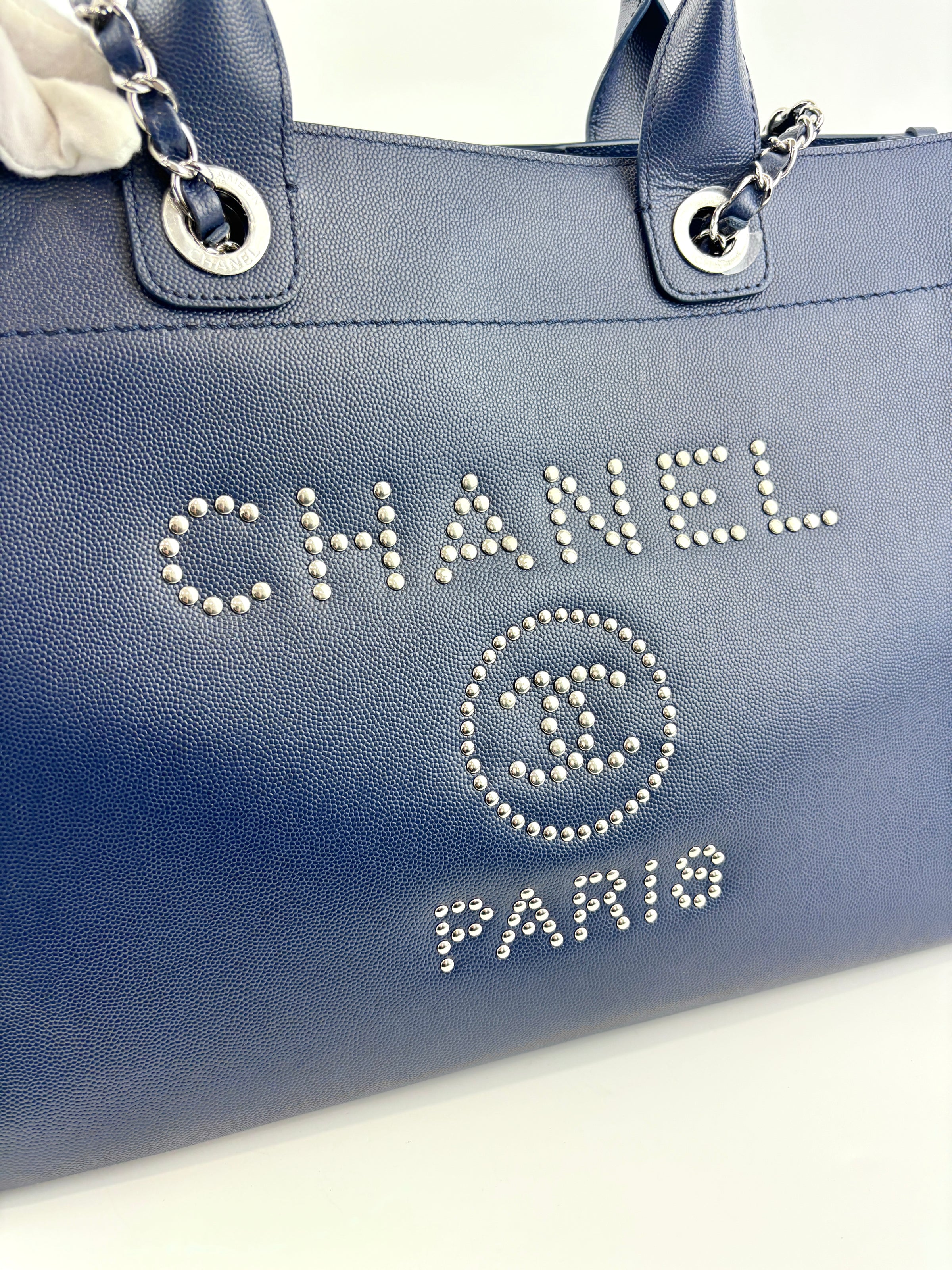 Medium Deauville Tote in Navy Blue Studded Caviar