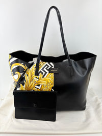 Black Leather Barocco Print Shopper Tote
