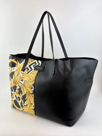 Black Leather Barocco Print Shopper Tote