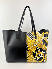 Black Leather Barocco Print Shopper Tote