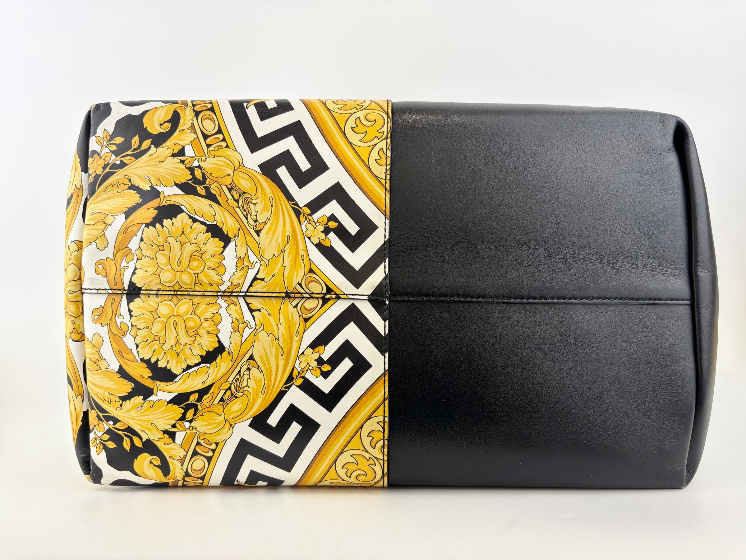 Black Leather Barocco Print Shopper Tote