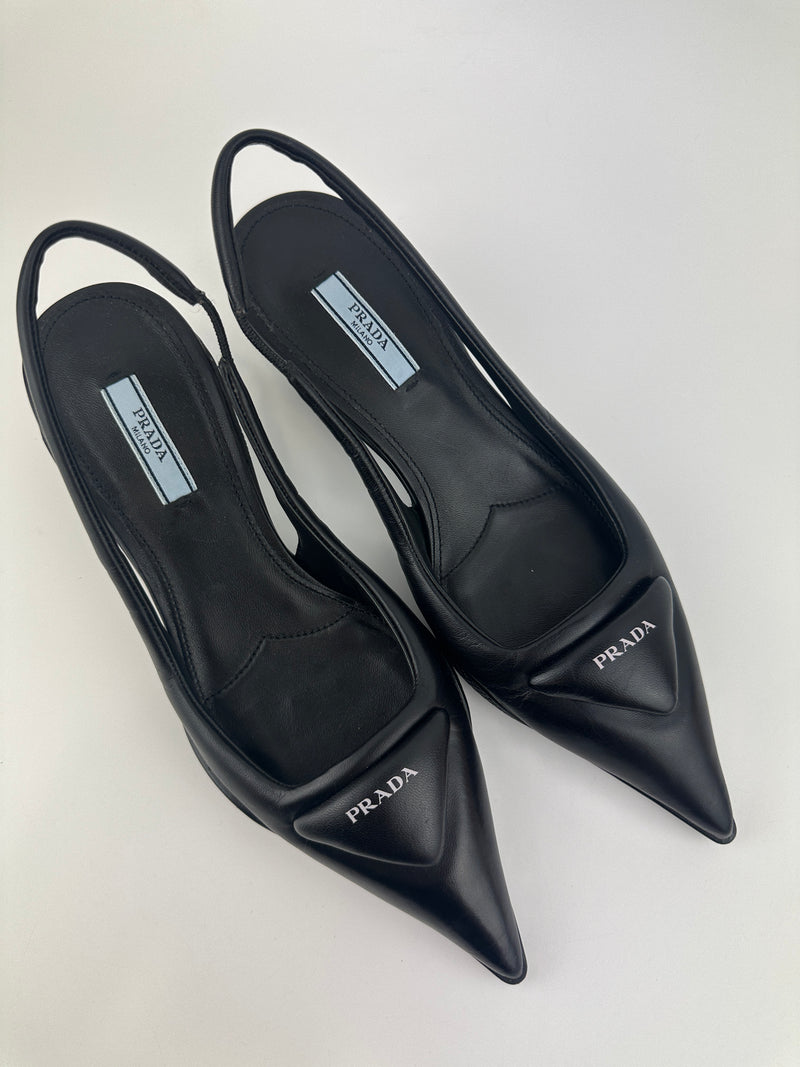 Slingback Black Brushed Leather Pumps Size 35.5