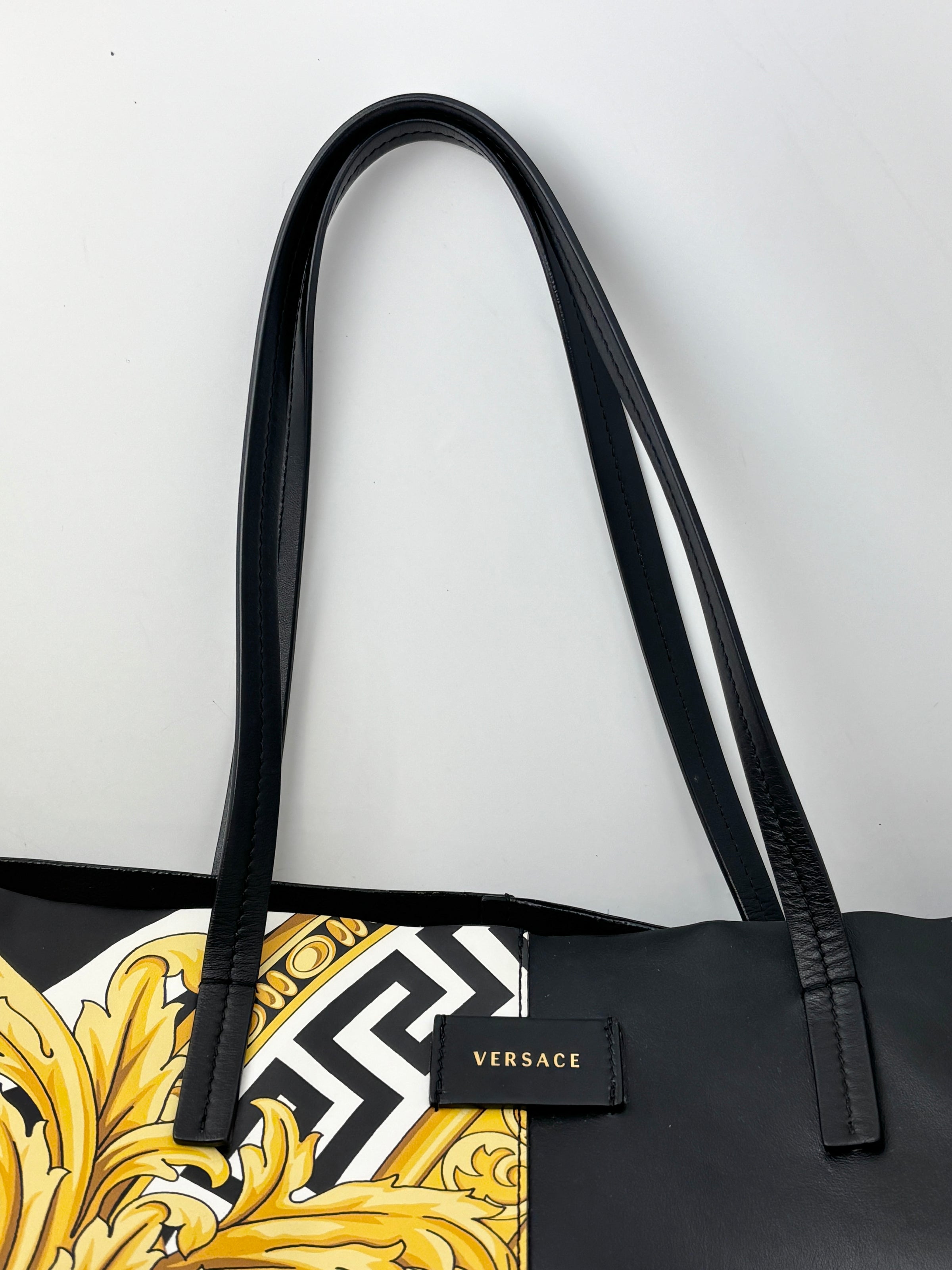 Black Leather Barocco Print Shopper Tote
