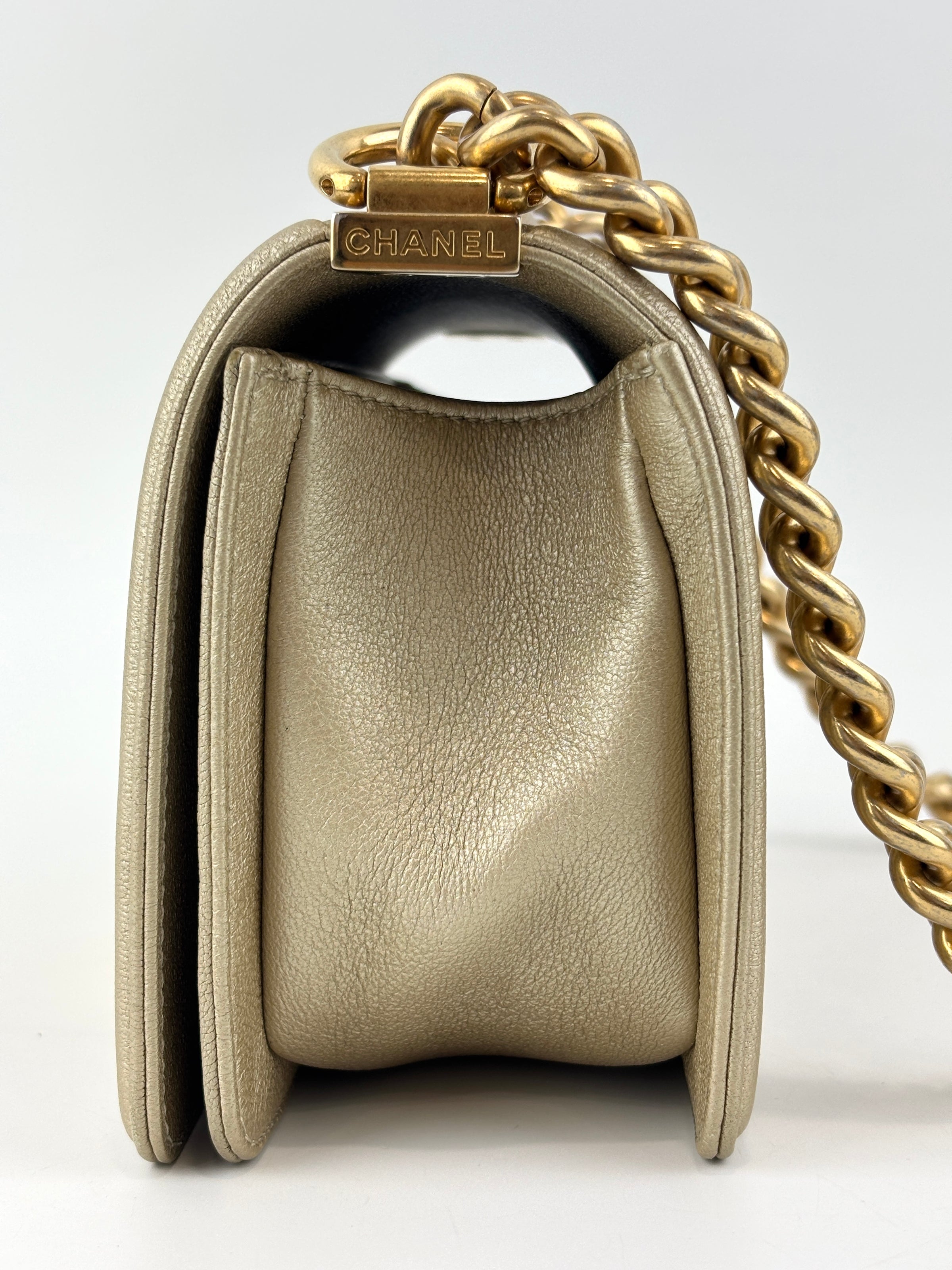 Limited Edition Gold Metallic Small Boy Flap Calfskin Antique GHW